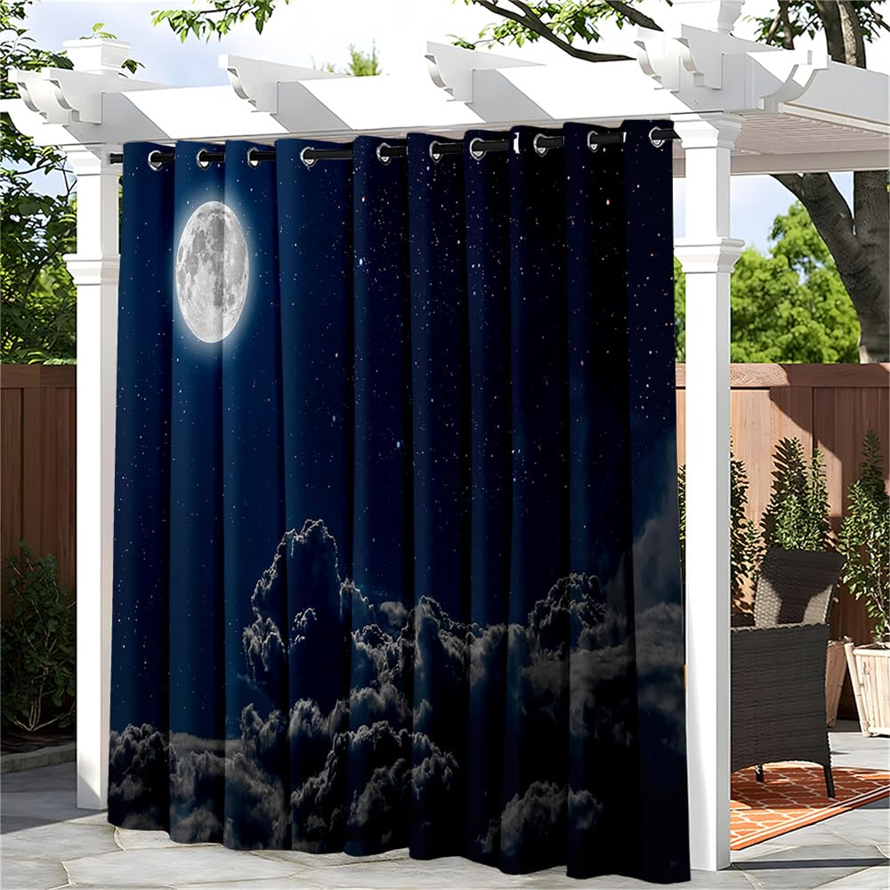 Hiseng Waterproof Outdoor Curtain for Patio Pergola, Sunshade Blackout Thermal Insulated Curtains with Eyelet Top for Garden, Gazebo, Porch, 1 PANEL, 3D Moon Starry Sky (Blue 7,59x65 in)
