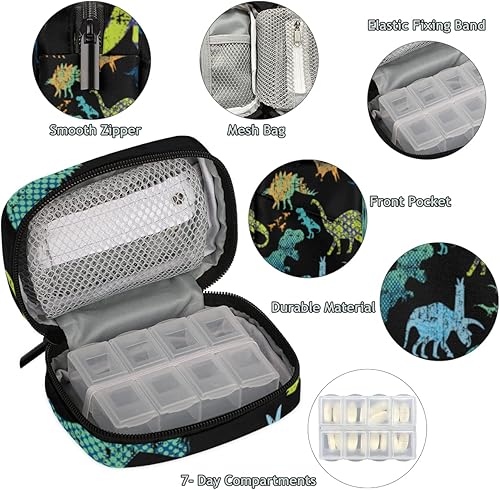 Miniatura 3 de Pastillero de dinosaurios abstracción, organizador semanal de medicina con bolsa de viaje, pastillero de siete días, caja de suplementos de