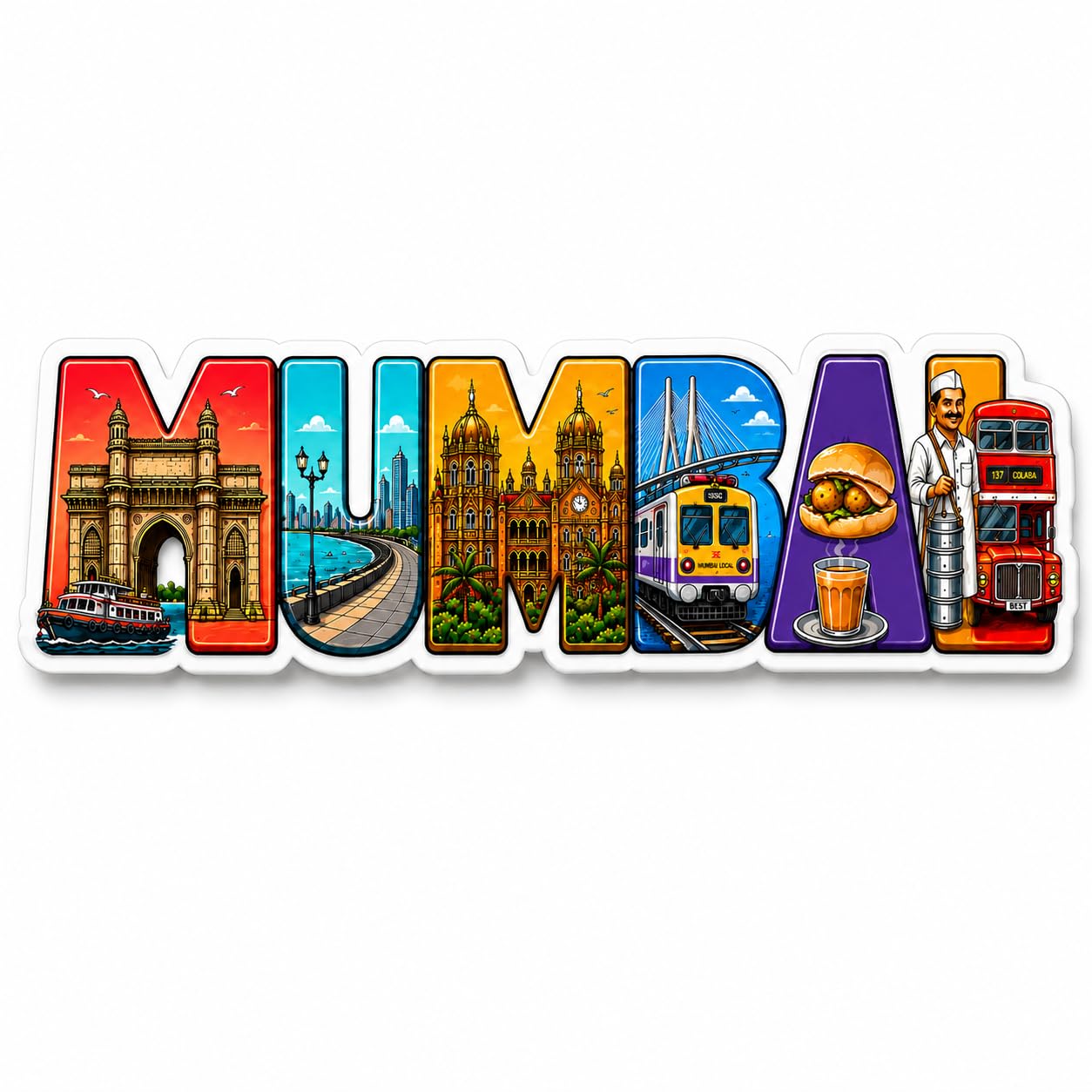 Mumbai Acrylic Fridge Magnet | 2x5 Inch Glossy Souvenir Magnet | Mumbai Theme Refrigerator Magnet with Gateway of India, Marine Drive, Local Train, Vada Pav & Best Design |-picture-25