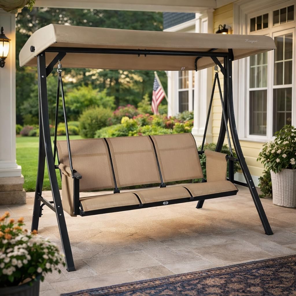 Kozyard Brenda 3-Seat Outdoor Porch Swing Glider, Patio Swing with Adjustable Canopy, Steel Frame, Breathable Textilene Seat & Back, Side Pockets (Taupe)