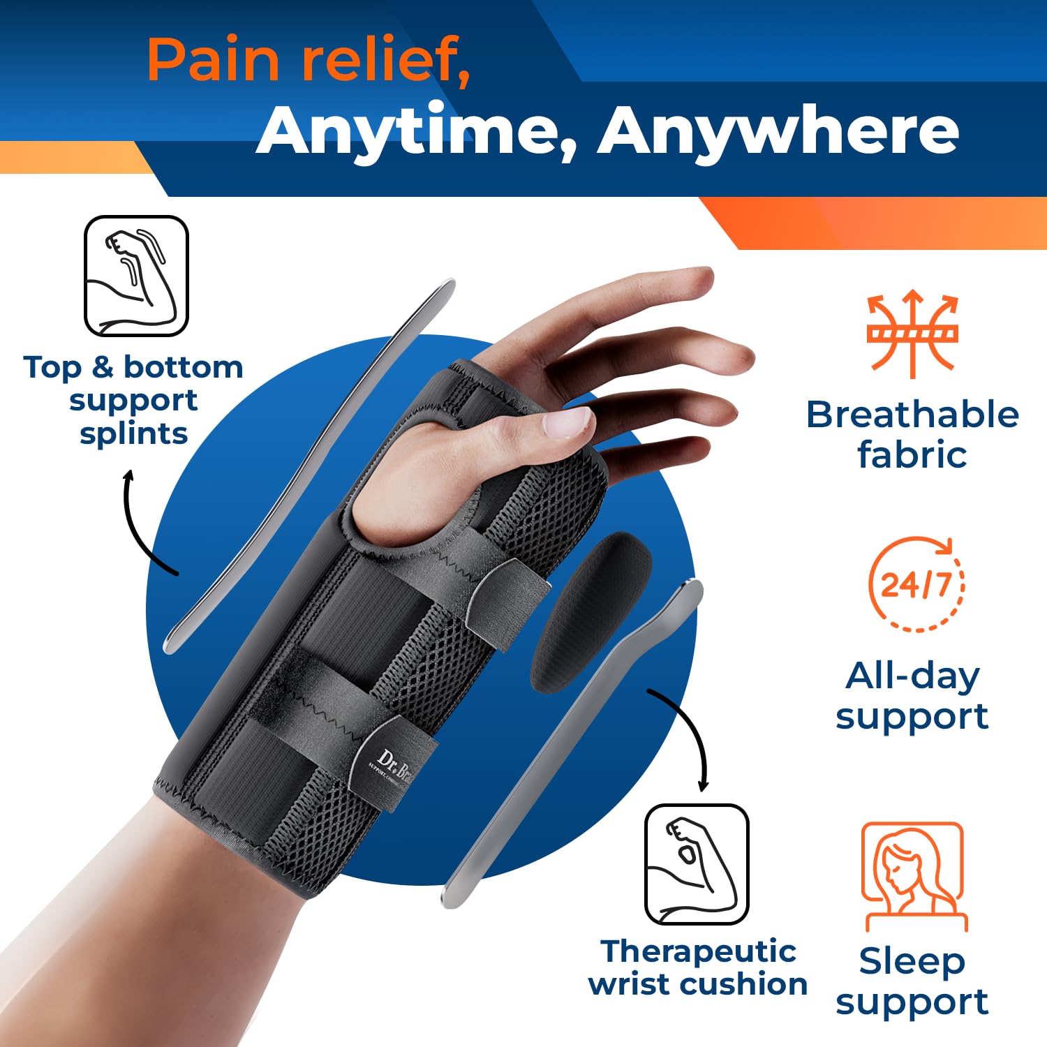 DR. BRACE Adjustable Wrist Brace Night Support for Carpal Tunnel, FSA & HSA Eligible, Doctor Developed, Upgraded with Double Splint & Therapeutic Cushion, Hand Brace for Pain Relief, Injuries, Sprains (S/M Right Hand, Black) — view 2