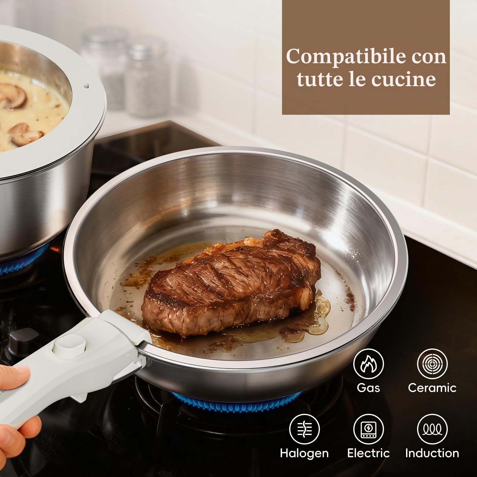 Set di pentole e padelle in acciaio inossidabile da 10 pezzi, set di pentole senza rivestimento con manico rimovibile, padella da 24 cm, pentole da 18/20 cm, impilabili, per tutti i tipi di