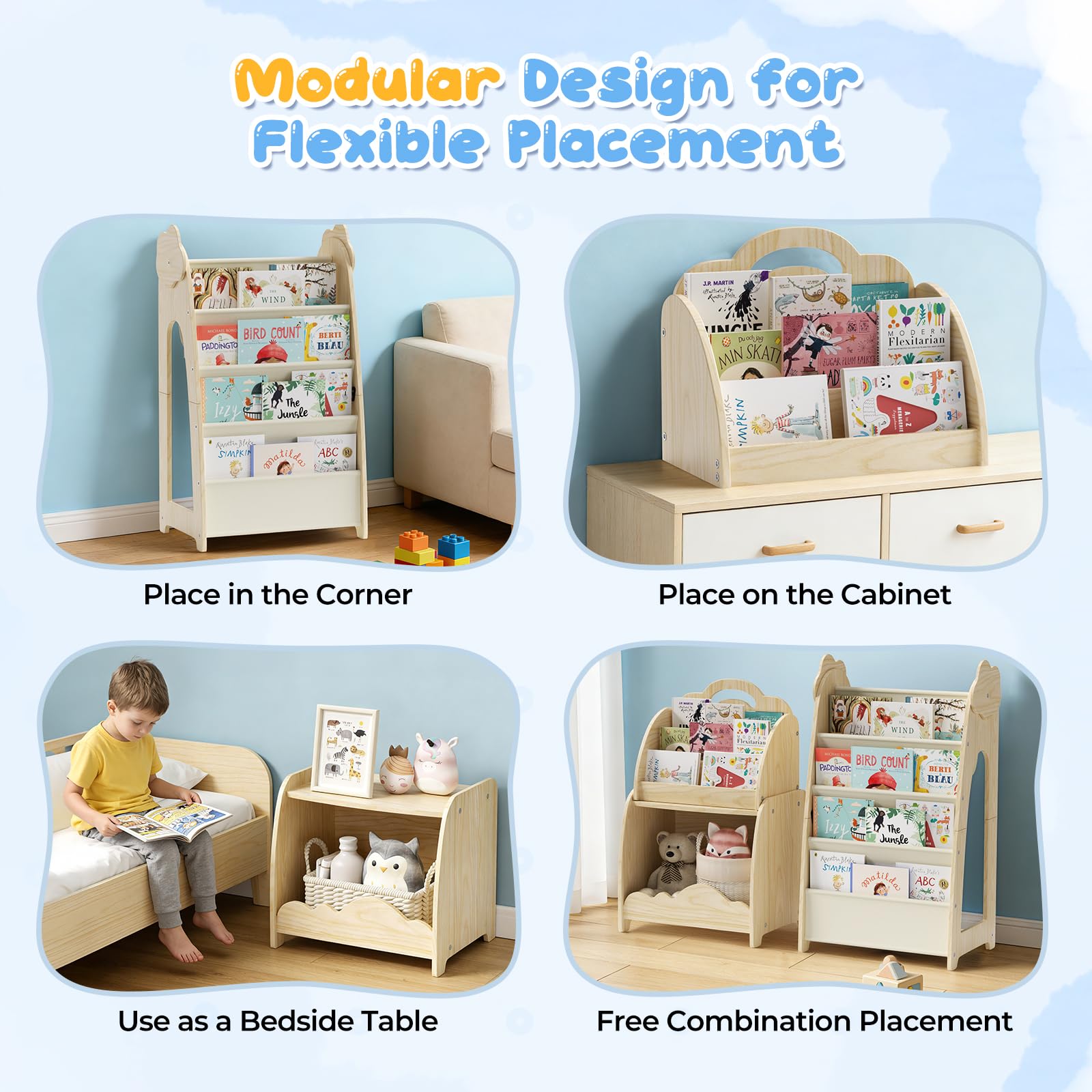 Kinderregal, 3-in-1 Kinderbücherregal und Spielzeugaufbewahrungsregal mit Hängetasche, Tragbares Bücherregal mit Griff, Aufbewahrungsregal aus Holz für Schlafzimmer und Spielzimmer (Abnehmbar)