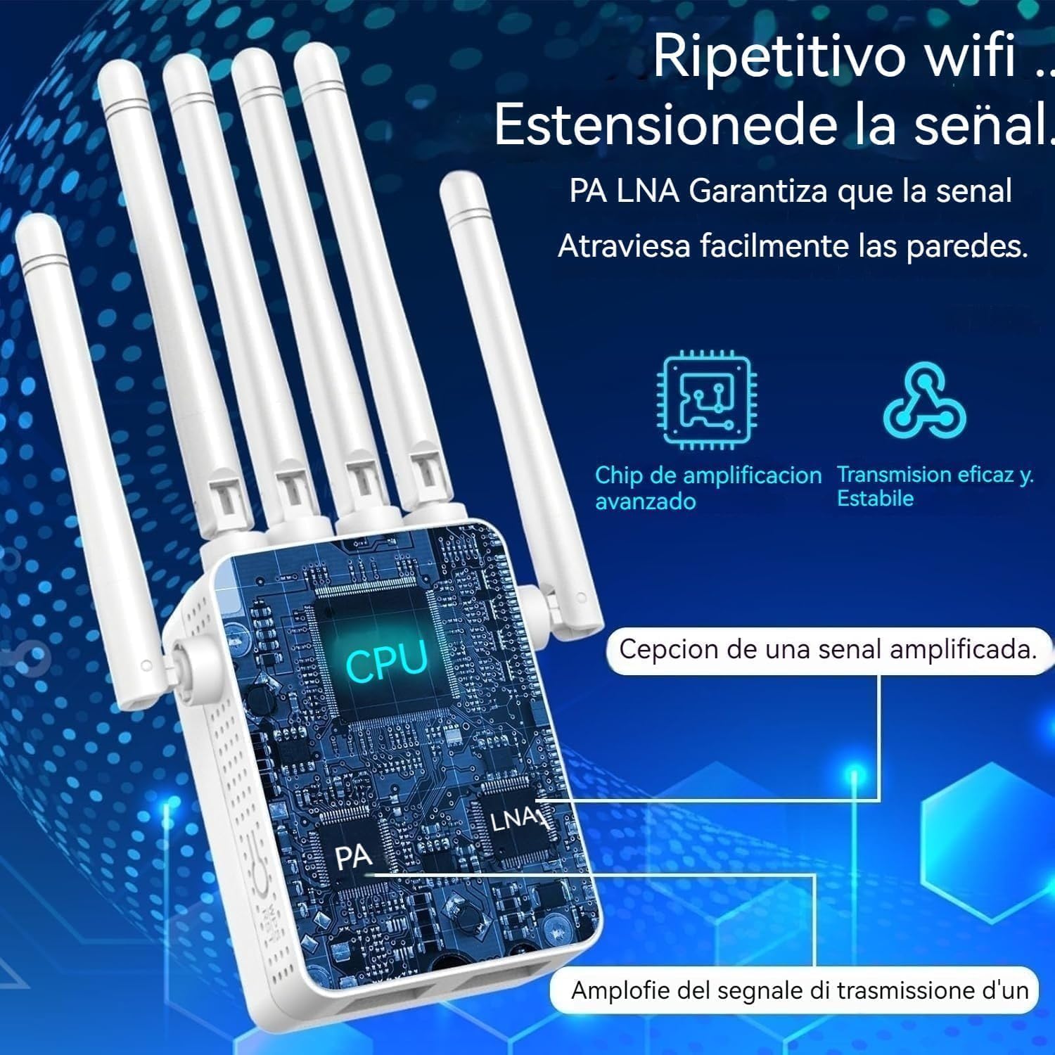 Amplificateur WiFi Puissant 1200Mbps Double Bande 5G/2.4GHz, Extension WiFi avec 6 Antennes, 2 Ports LAN Mode AP, Amplificateur Signal Longue Portée, Facile à Installer pour Maison et Bureau
