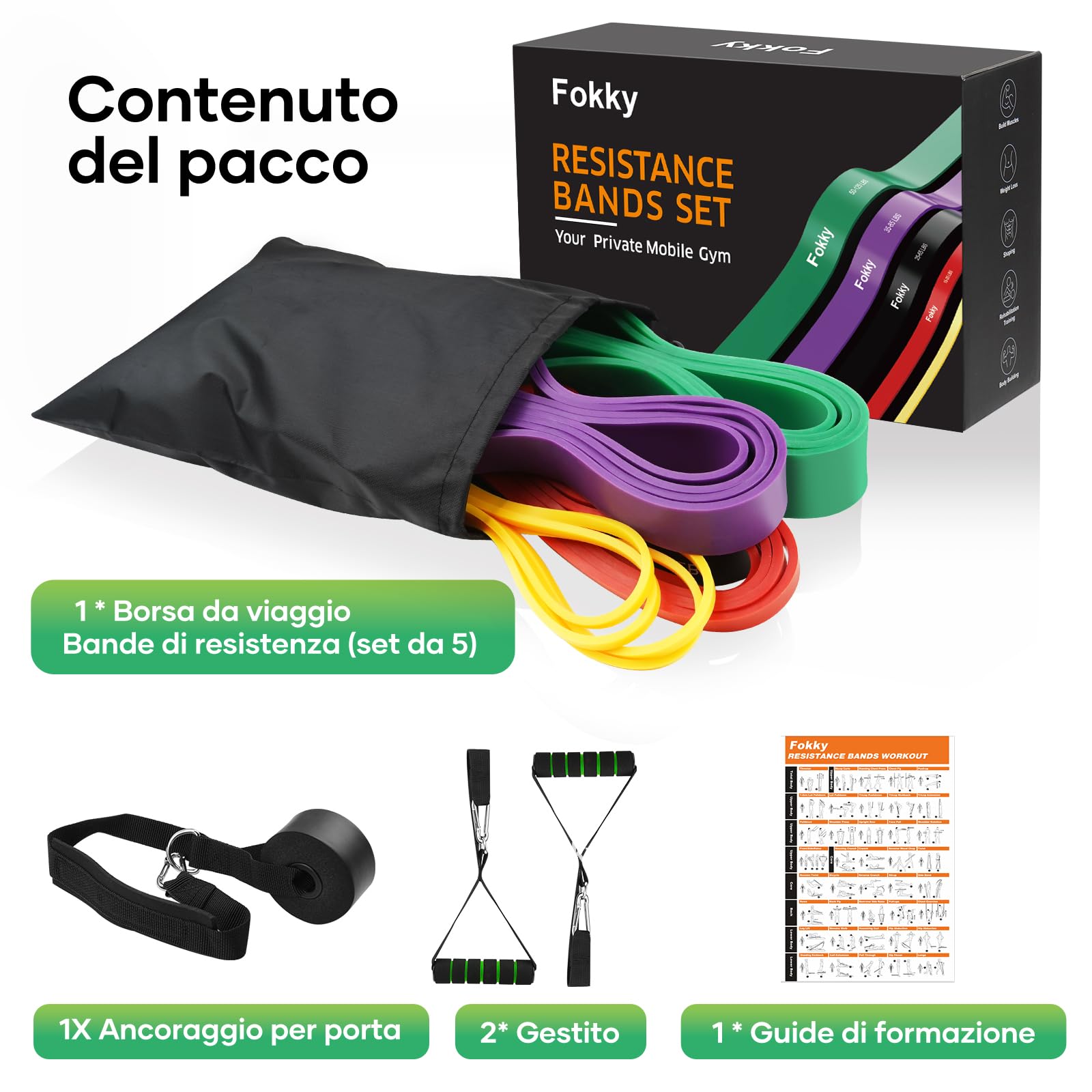 Fokky 5 Livelli di Resistenza Elastici Fitness, 5-125LBS Elastico Palestra con Ancoraggio Porta e Maniglie, Fascia Elastica Fitness per Allenamento, Stretching, Trazioni, Allenamento di Forza