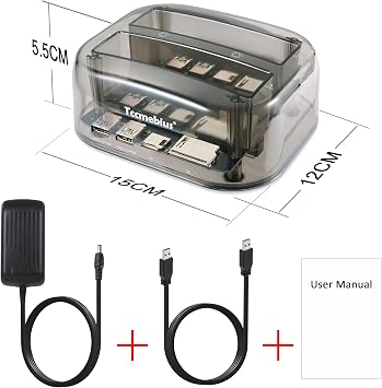 TCC-S865 USB 3.0 to SATA IDE Dual Slots External Transparent Hard Drive Docking Station with Card Reader and 2 Ports USB 3.0 Hub for 2.5 3.5 Inch IDE SATA I/II/III HDD SSD