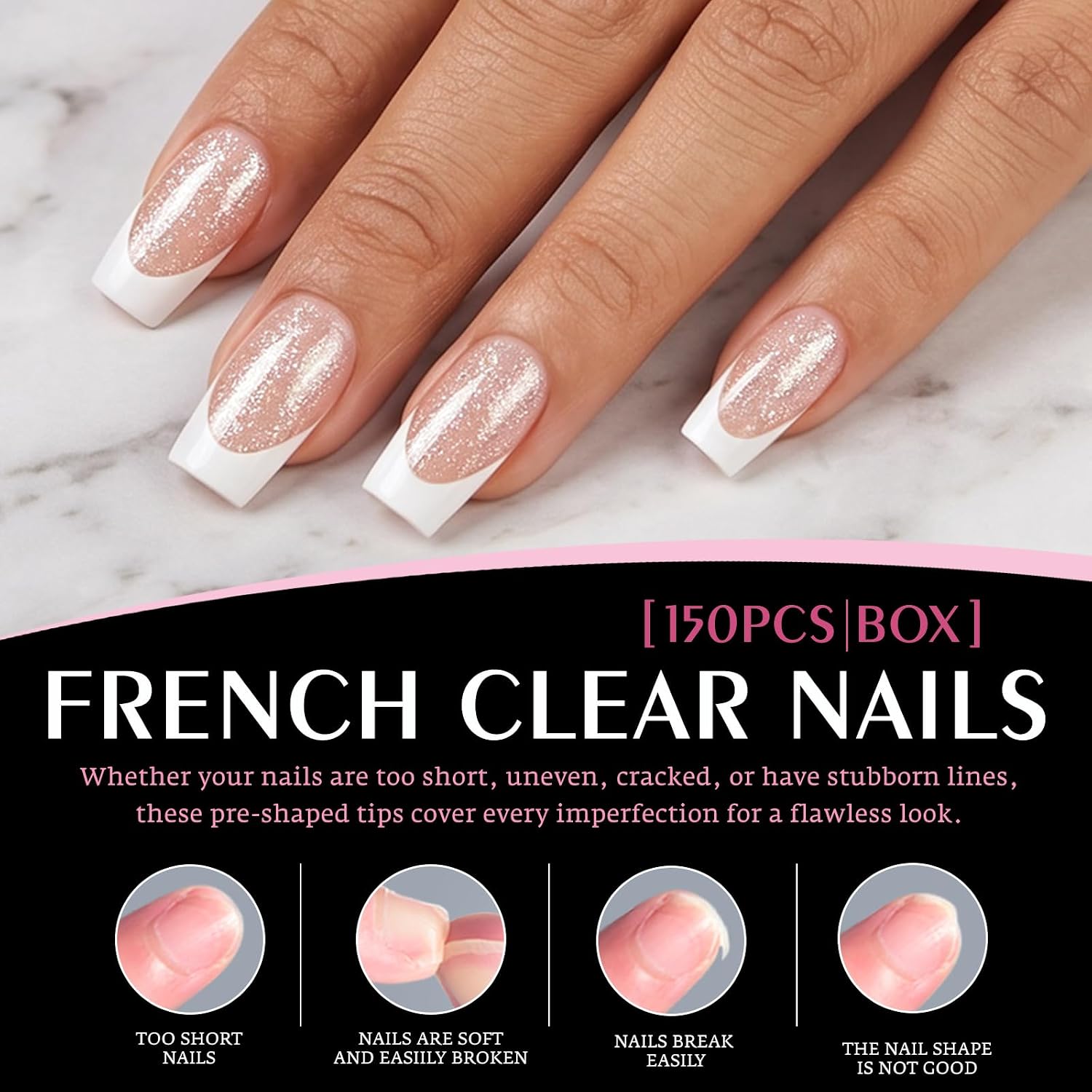 White French Tip Nails Tips,Square Short Clear Press on Nails
