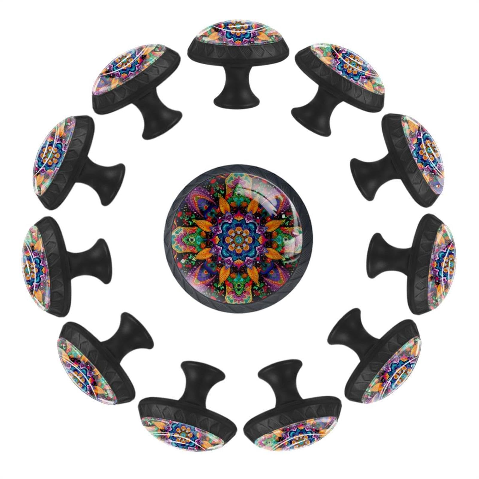 Lot de 12 boutons d'armoire ronds mandala 3,5 cm pour tiroir et commode