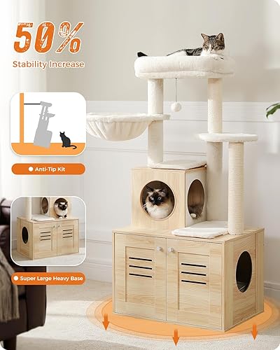 Miniatura 2 de Árbol para gatos con caja de arena, árbol moderno de 50 pulgadas para gatos grandes y gordos con condominio para gatos, muebles de madera para gatos