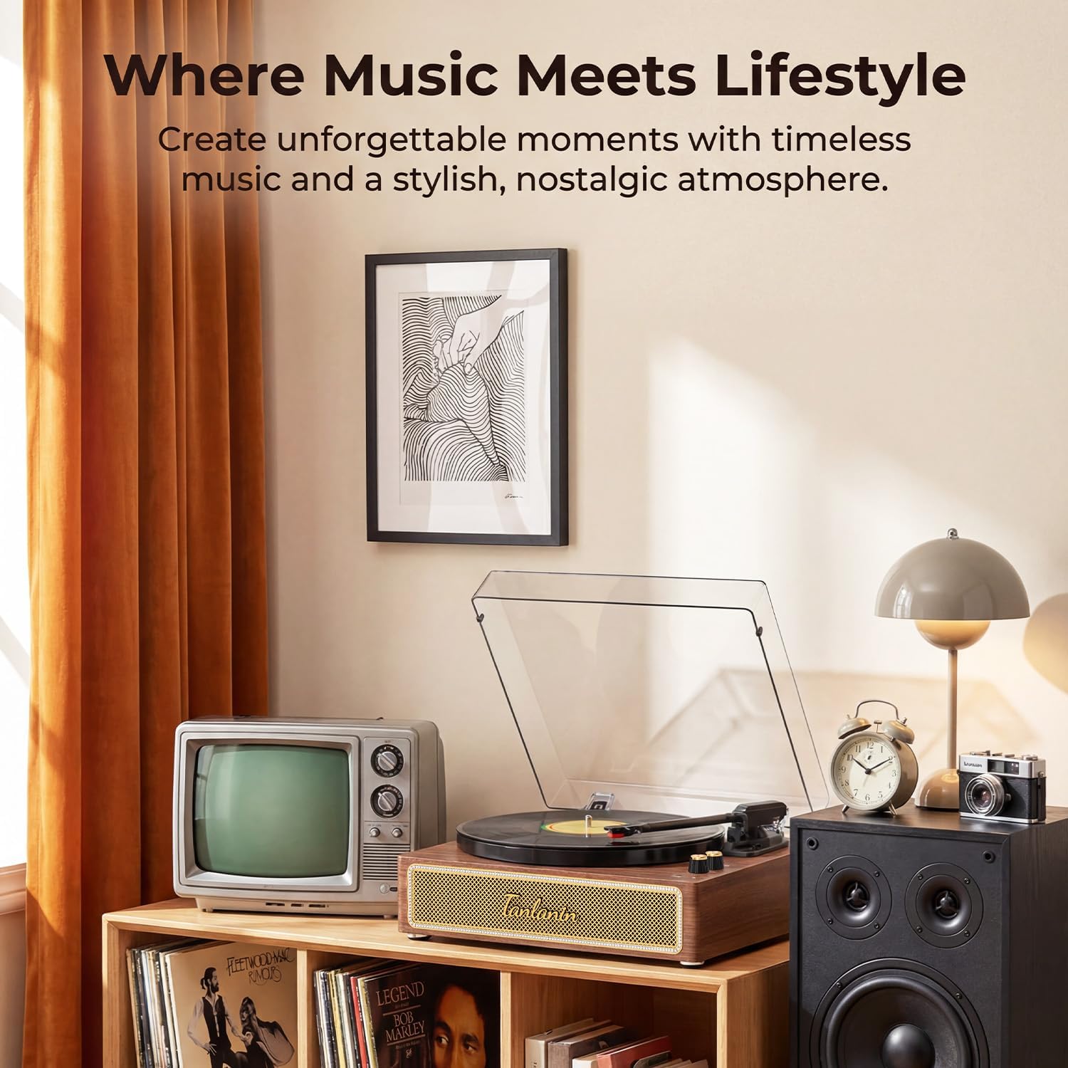 Full-Size Vintage 3-Speeds Record Player with Built-in Speakers | Bluetooth in, RCA out, Headphone jack, Adjustable counterweight, Walnut grain, Home decor gift, Removable dust cover