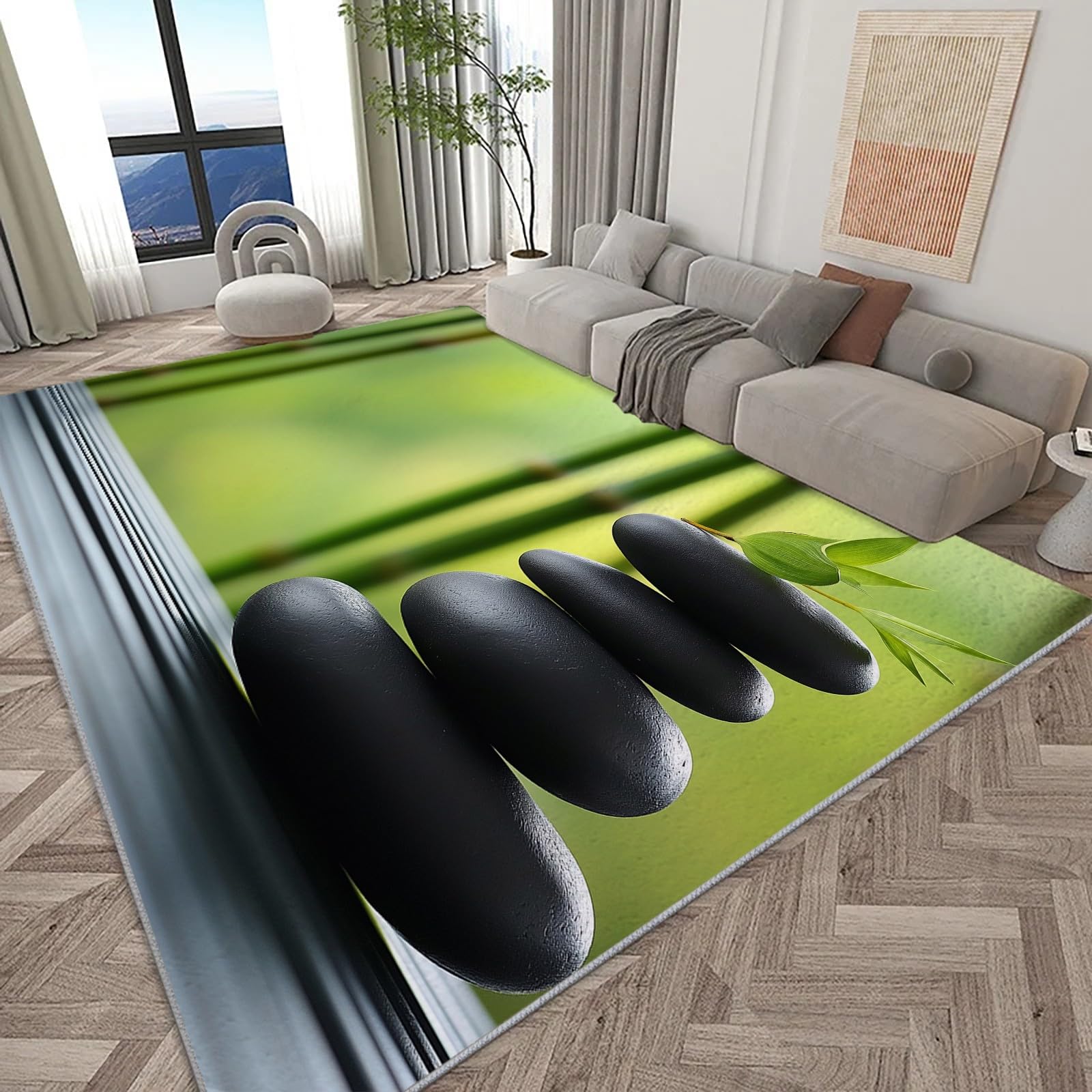 Tapis de salon vert motif pierre bambou 120x170 cm antidérapant