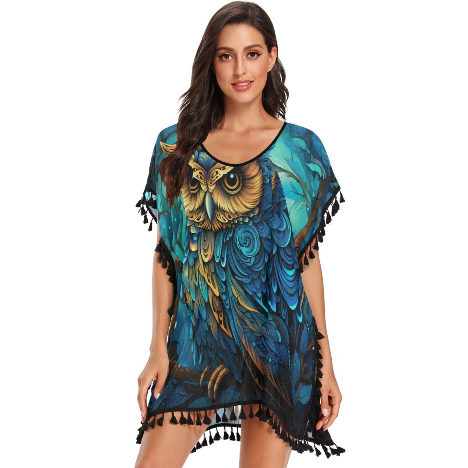Angry Owl Blue Abstract Women's Beach Cover Up Chiffon Tassel Swimwear Swimsuit Coverups for Girl