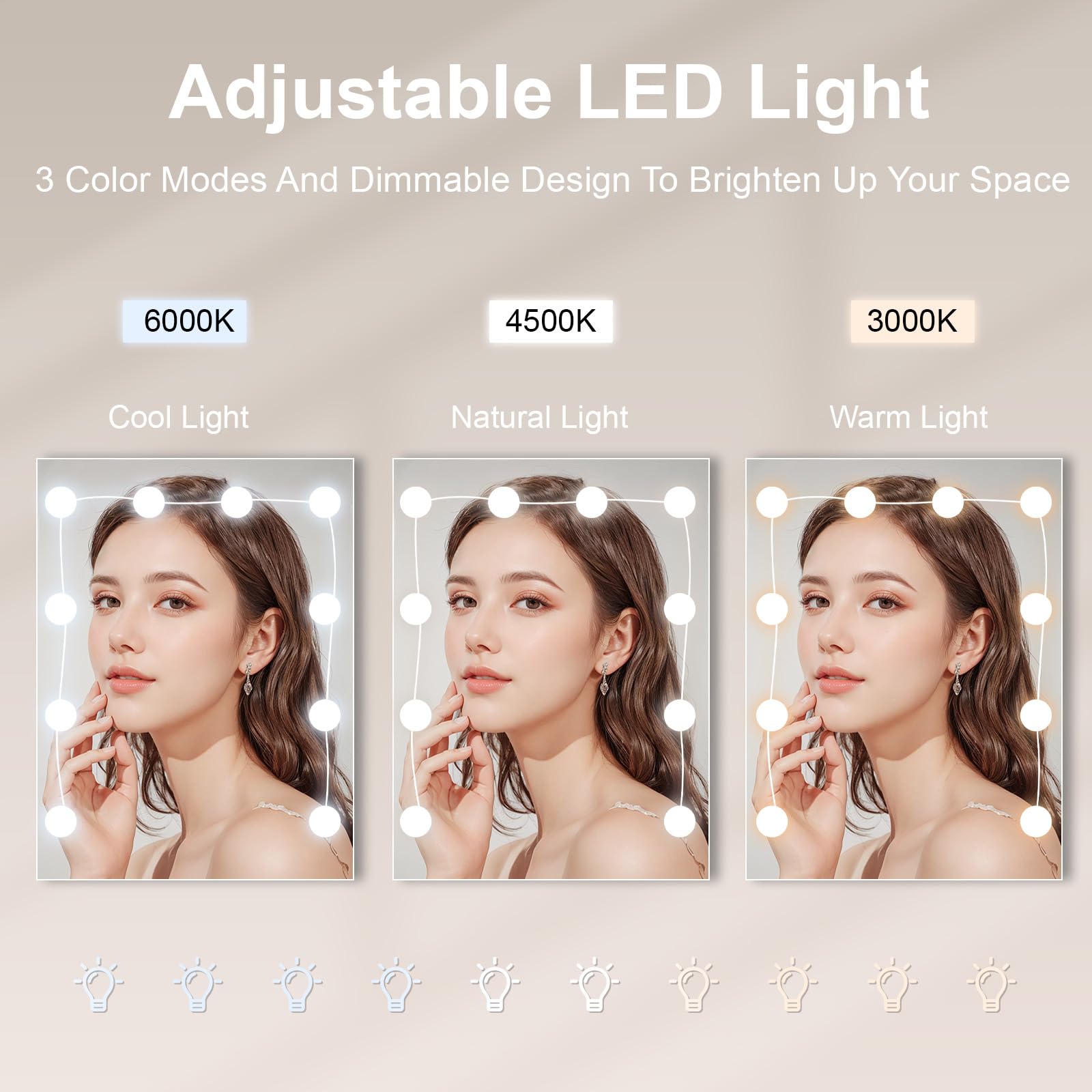 Tavolo da toeletta con illuminazione a LED, tavolo da toeletta con specchio per trucco, tavolo cosmetico con specchio, 3 colori con luminosità regolabile - M03