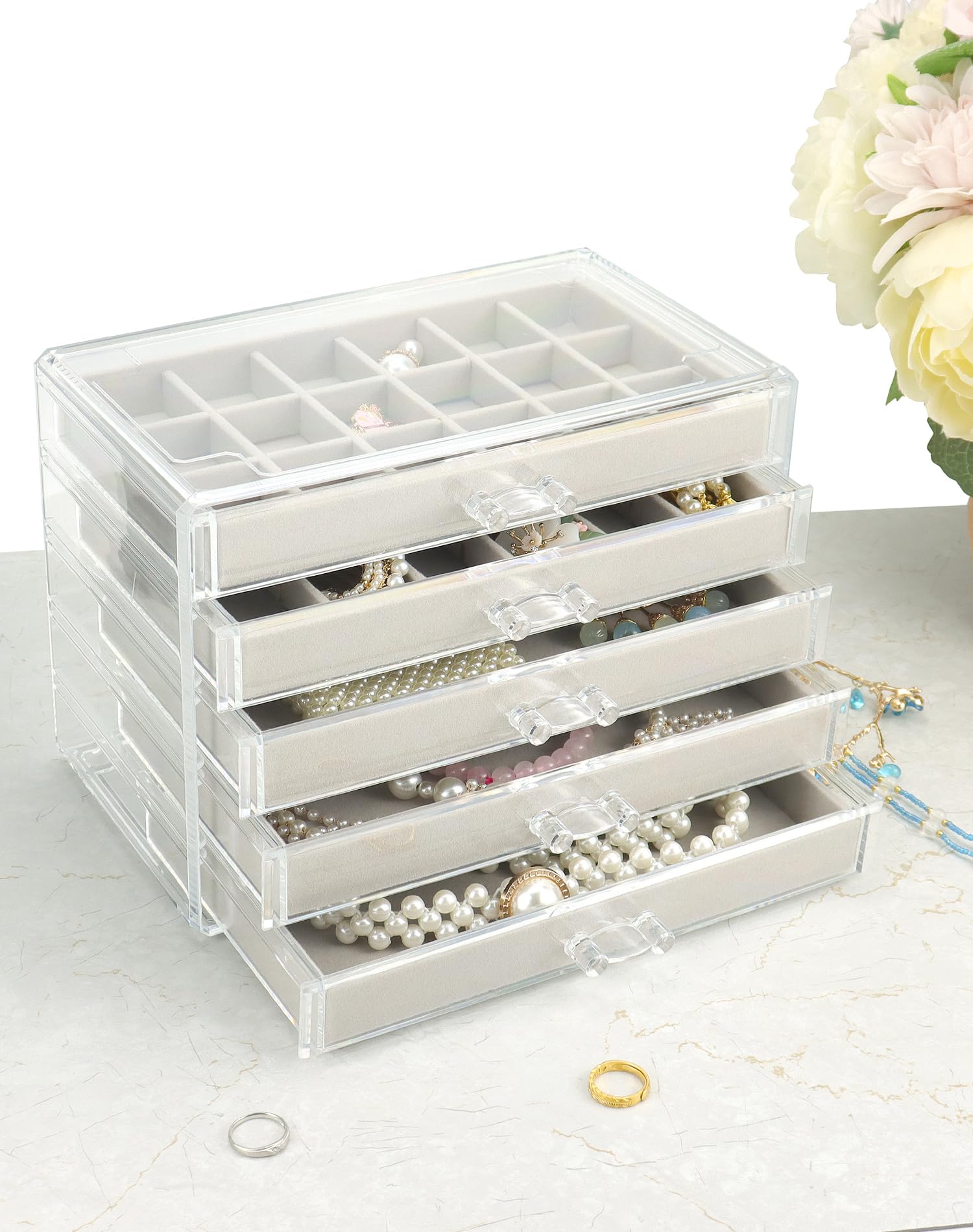 QWORK® Boîte à bijoux en acrylique, avec 5 tiroirs, organisateur de bijoux, rangement de bijoux transparent, gris