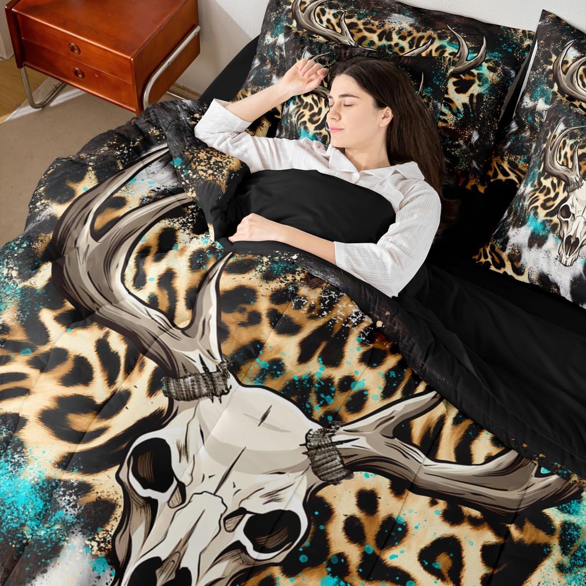 Erosebridal 7 Pcs Cow Pattern Sheet Set Full Size Leopard Bed in A Bag for Adults Men Women Rustic Aztec Cheetah White Teal Blue Comforter Lightweight Bed Set