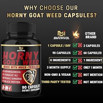 BMVINVOL Horny Goat Weed Capsules with Maca, Ginseng, Tribulus Terrestris, Ashwagandha, Black Pepper - 90 Count for 3 Month Supply