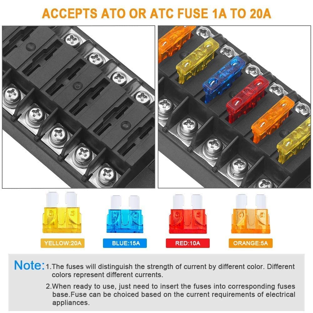 Electop 6 Way Fuse Block Blade Fuse Box and 12V Cigarette Lighter Socket USB Outlet Splitter Bundle for Car Truck Boat Marine RV