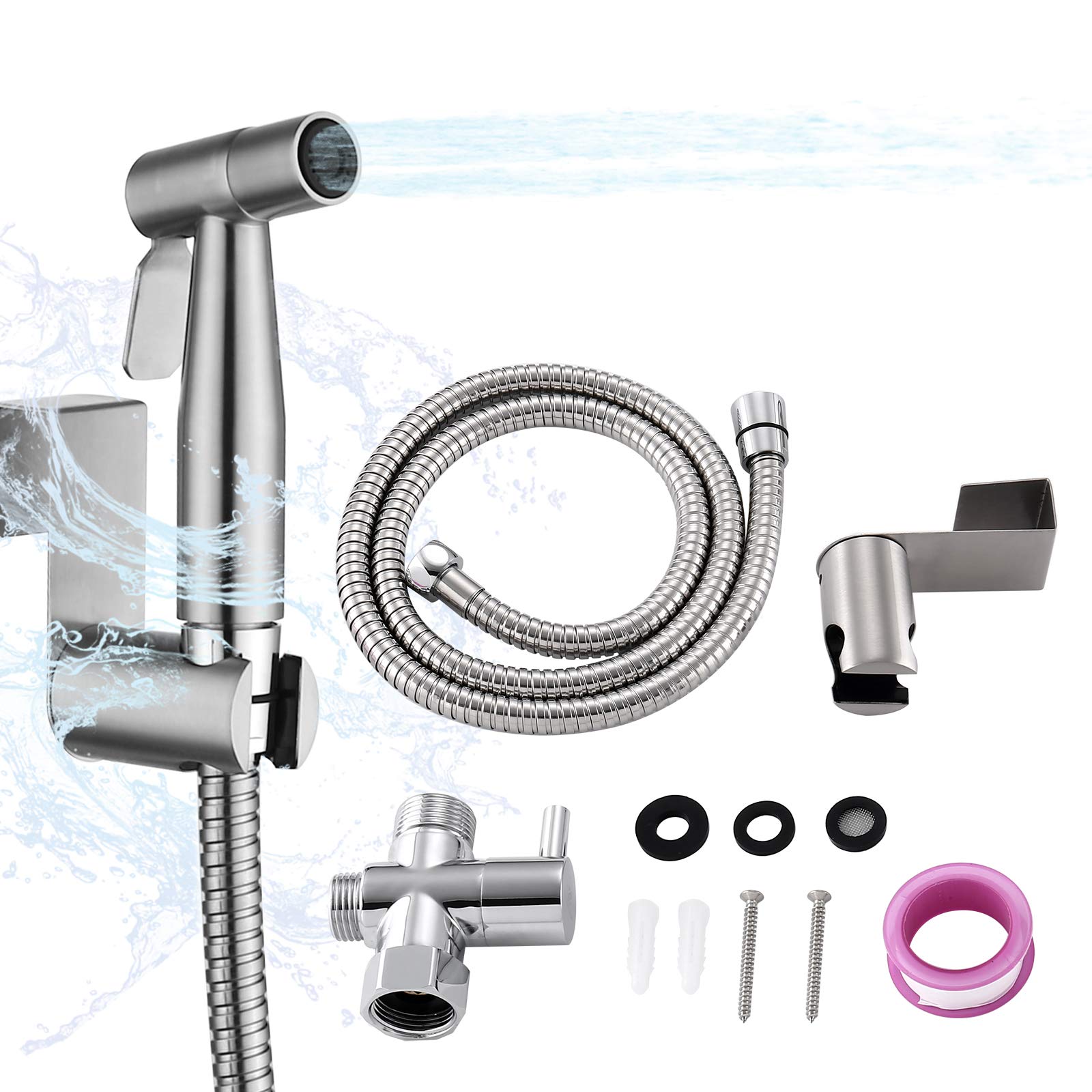 HOMELODYBidet Sprayer Handheld Bidet Sprayer for Toilet, Bidet Faucets Brushed Nickel, Babay Cloth Diaper Sprayer Multipurpose with Easy-Install Wall Mounted or Holder Hook(Complete Accessories)