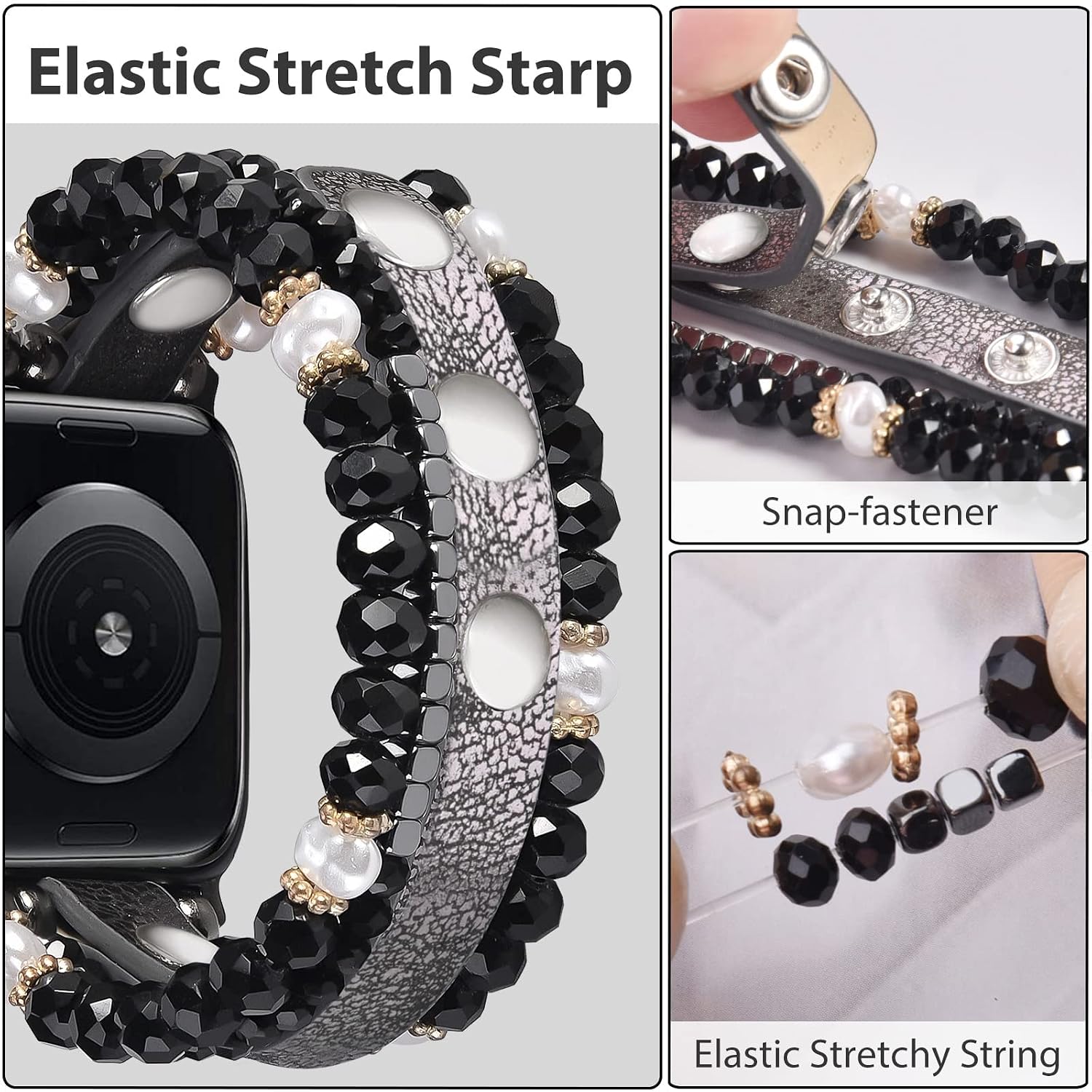 V-MORO Beaded Bracelet Compatible with Apple Watch Band 40mm/38mm/41mm Series 8/7/6/SE/5/4 Women Dressy Elastic Leather Watch Strap iWatch Bands Series 3/2/1 Replacement,Black/Leather