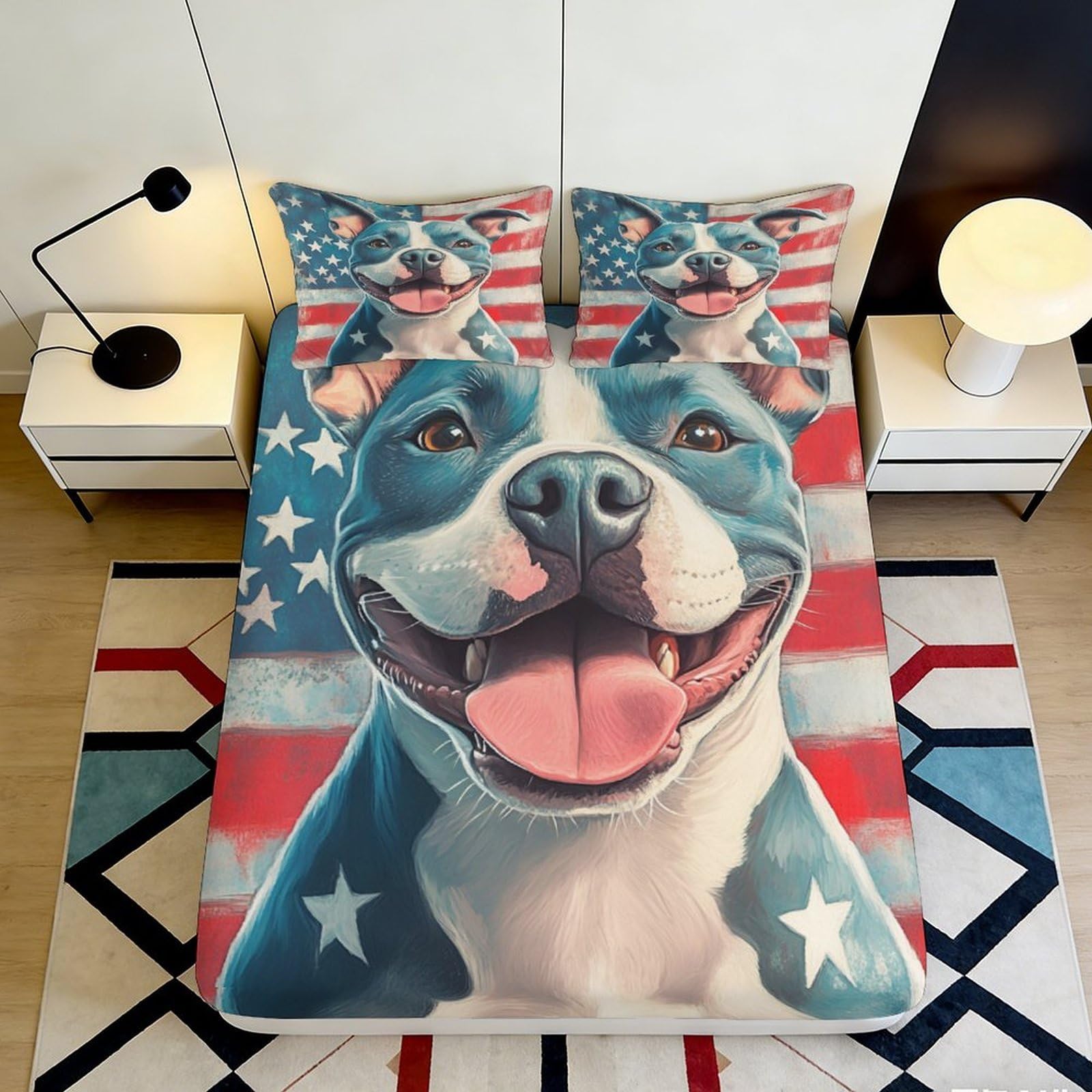 3D Printed American Flag Dog Fitted Sheet Microfiber Soft Anti-Slip Bed Cover for Bedroom Guest Room Decor Easy Care 120x200x25cm