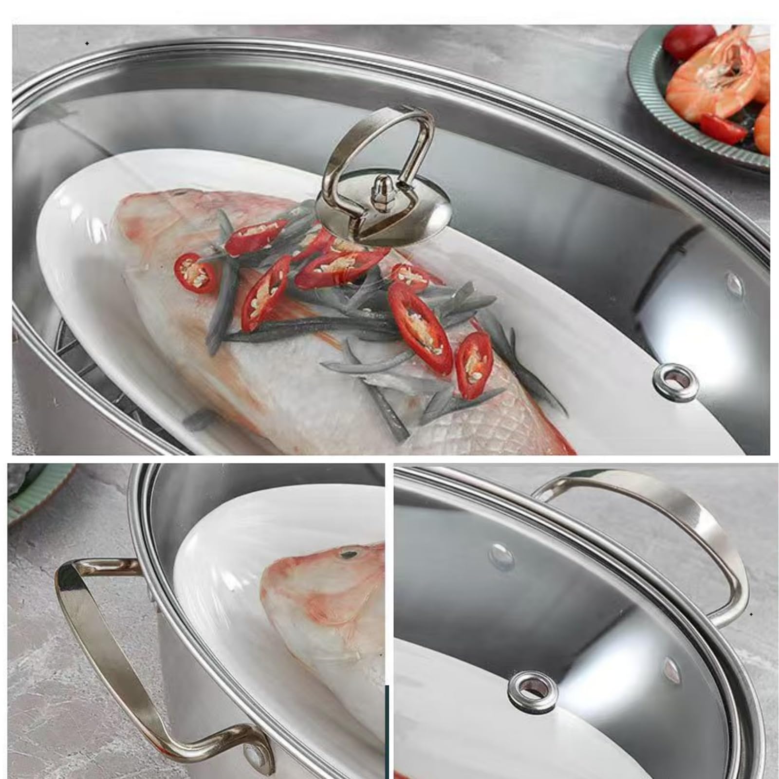 Edelstahl Fisch Dampfgarer Set Großer Dampfgarer Topf zum Dämpfen von Fisch, Kochen von Suppe Multi-Use Oval Kochgeschirr mit Glasdeckel, Gestell, Pfanne, Chuck
