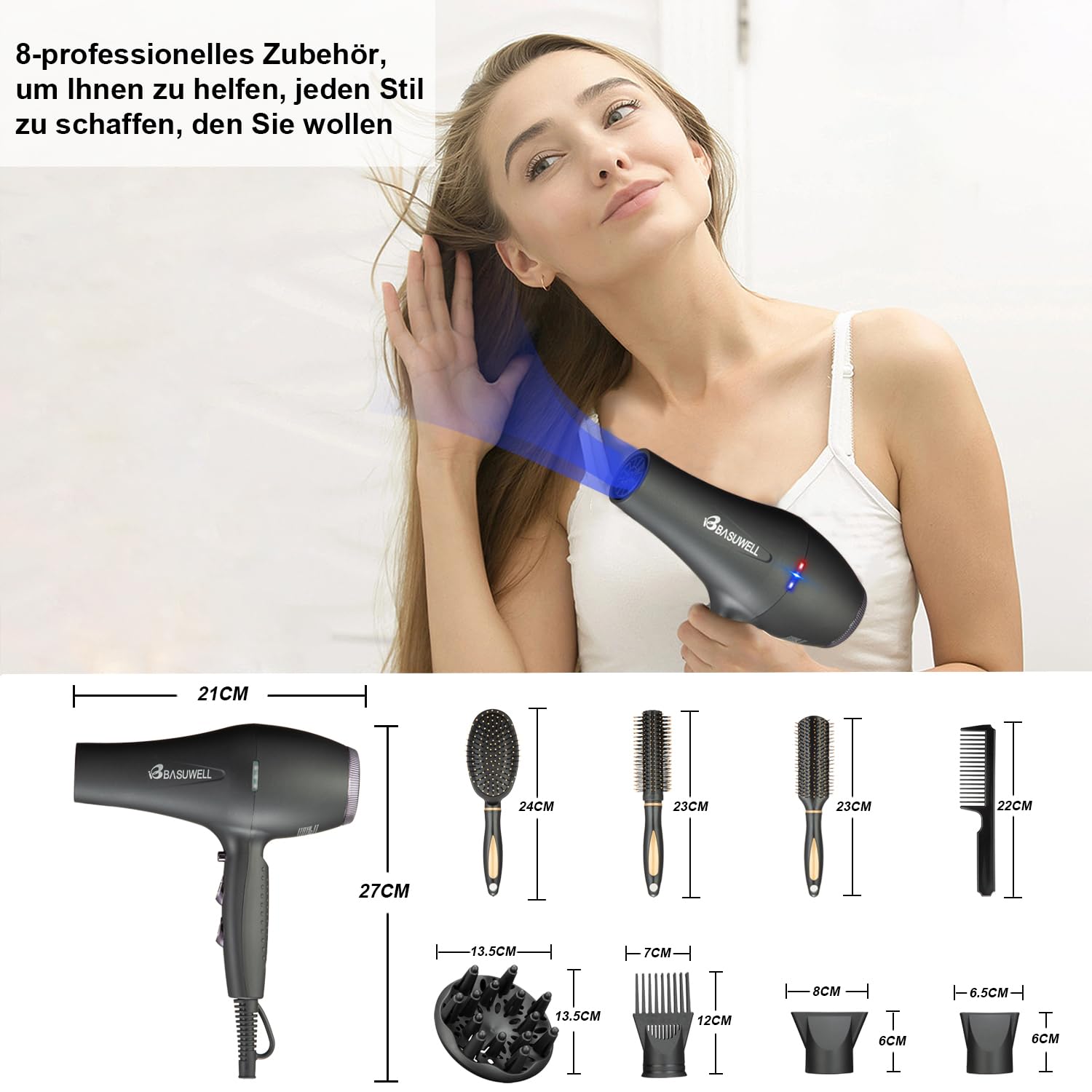 Secador de pelo profesional Ion 2400W Secador de pelo 3 Calefacción 2 velocidades Secador infrarrojo lejano Motor de CA de bajo ruido con difusor de secador de pelo (negro mate)