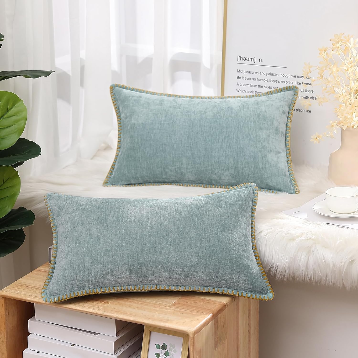 decorUhome Spring Chenille Soft Cozy Throw Pillow Covers 12x20 Set of 2, Modern Farmhouse Boho Velvet Decorative Pillow Cases with Stitched Edge for Couch Sofa Bed Home Decor, Aqua Haze - Image 5