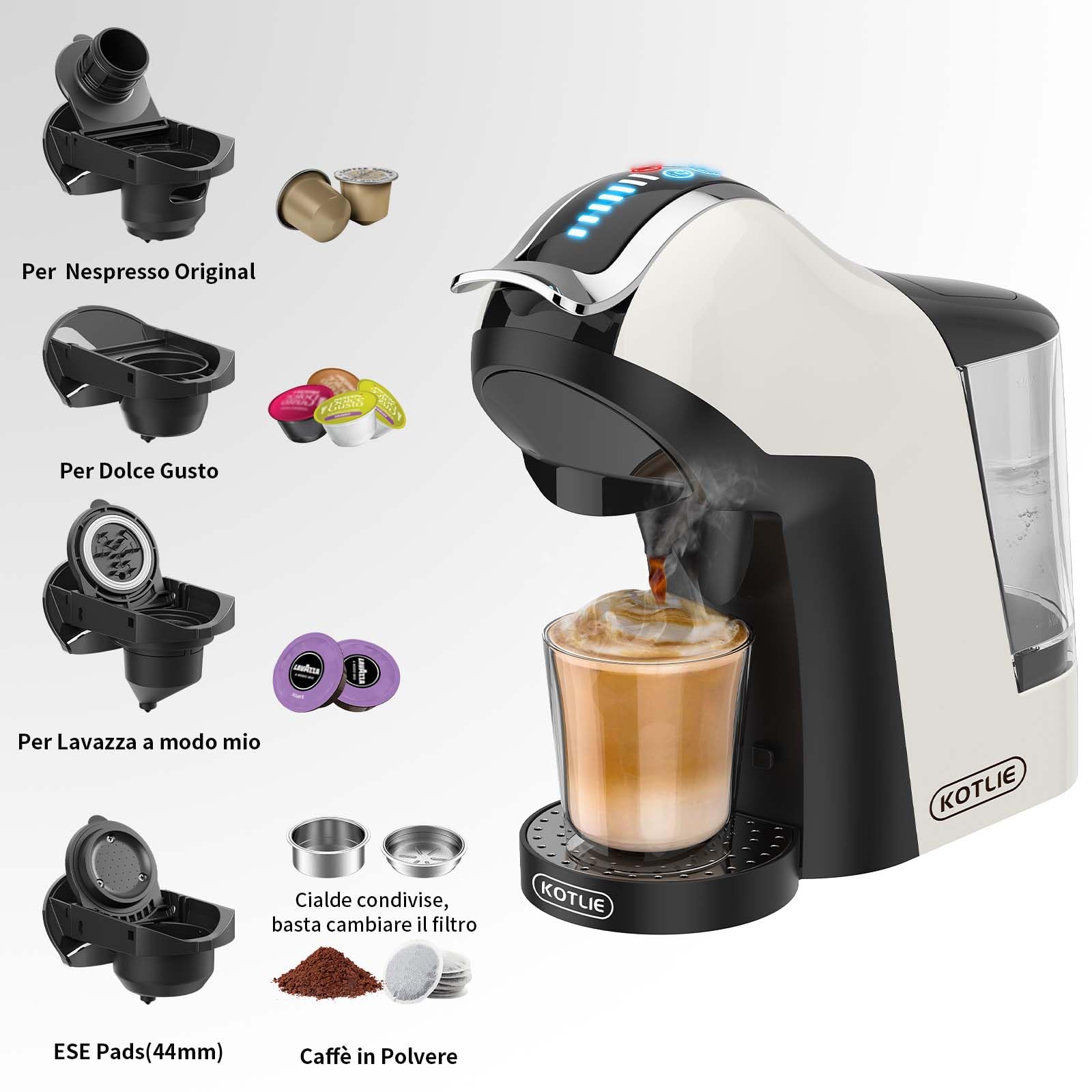 KOTLIE EM-308A Macchina da caffè a capsule 5 in 1,per Nespresso Original/per Lavazza a modo mio/per Dolce Gusto/ESE(44mm)/Caffè in polvere,supporto per l'estrazione a freddo(Bianco)
