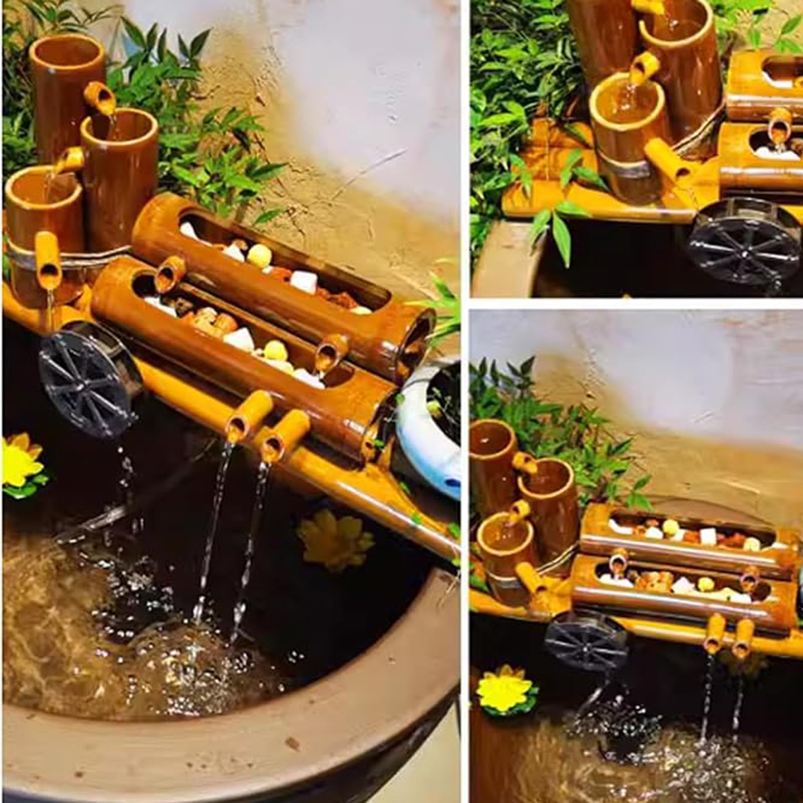 Kit Fontana Solare in bambù, Fontana Zen Artigianale con Pompa, Decorazione da Giardino Ecologica, Elemento paesaggistico, Decorazione per laghetto da Patio e Acquario per Giardino e casa