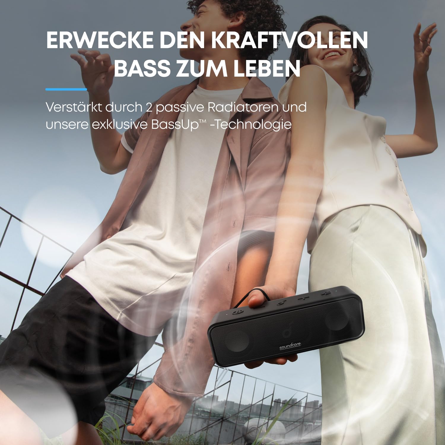 soundcore 3 Bluetooth Lautsprecher, Stereo-Sound, Audiotreiber mit Titan-Membran, PartyCast, BassUp, 24 Stunden Akku, IPX7 Wasserschutz, individueller EQ, für Zuhause, Draußen, Garten (in Schwarz)