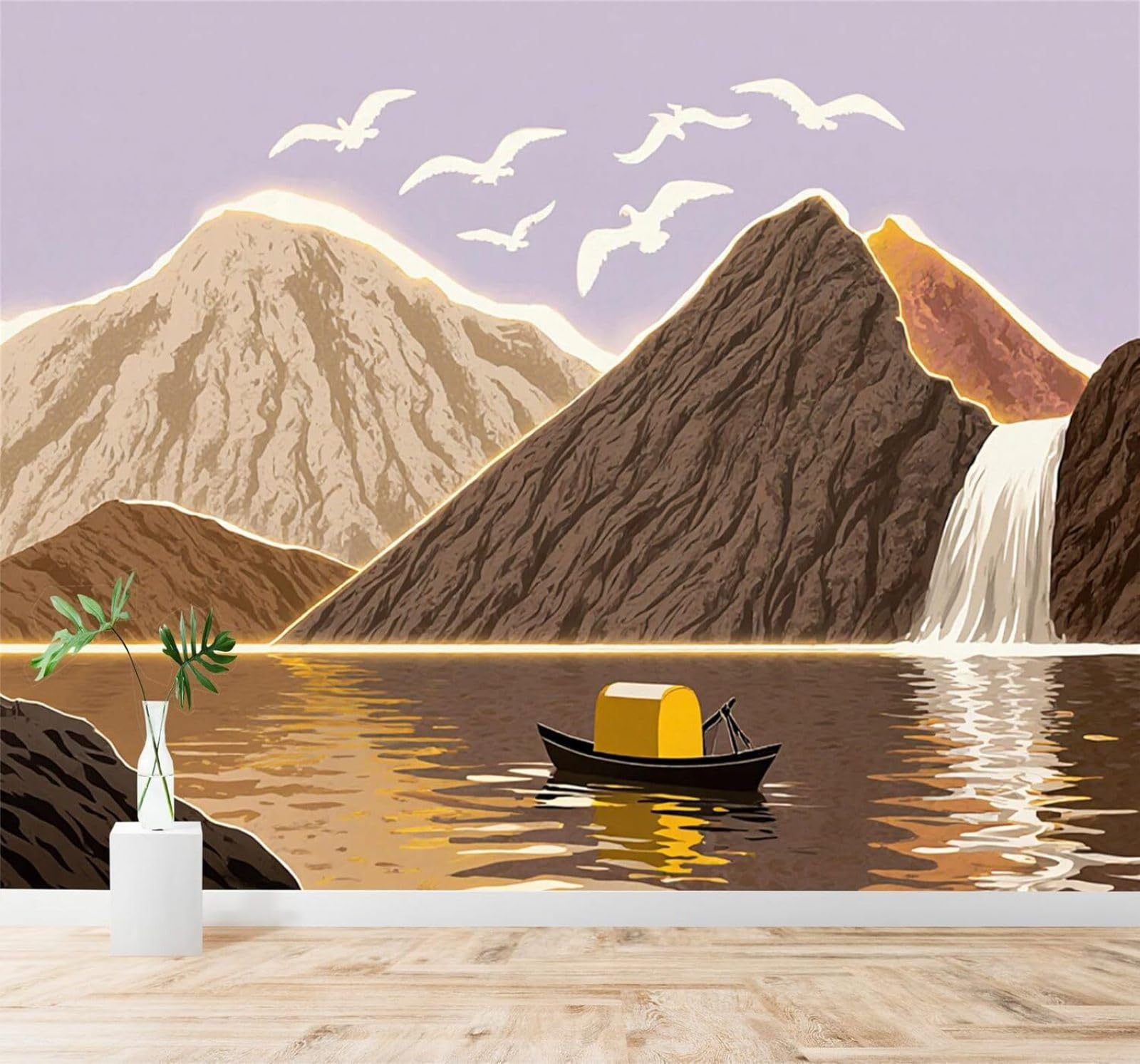 Xlming 400Cm×280Cm(B×H) Waterfalls Lakes Boats Birds In Flight Mountain Scenery 3D Wallpaper Silky Texture Home Study Office Grey Dining Room Sofa Bedroom Living Room Tv Backdrop-400Cm×280Cm