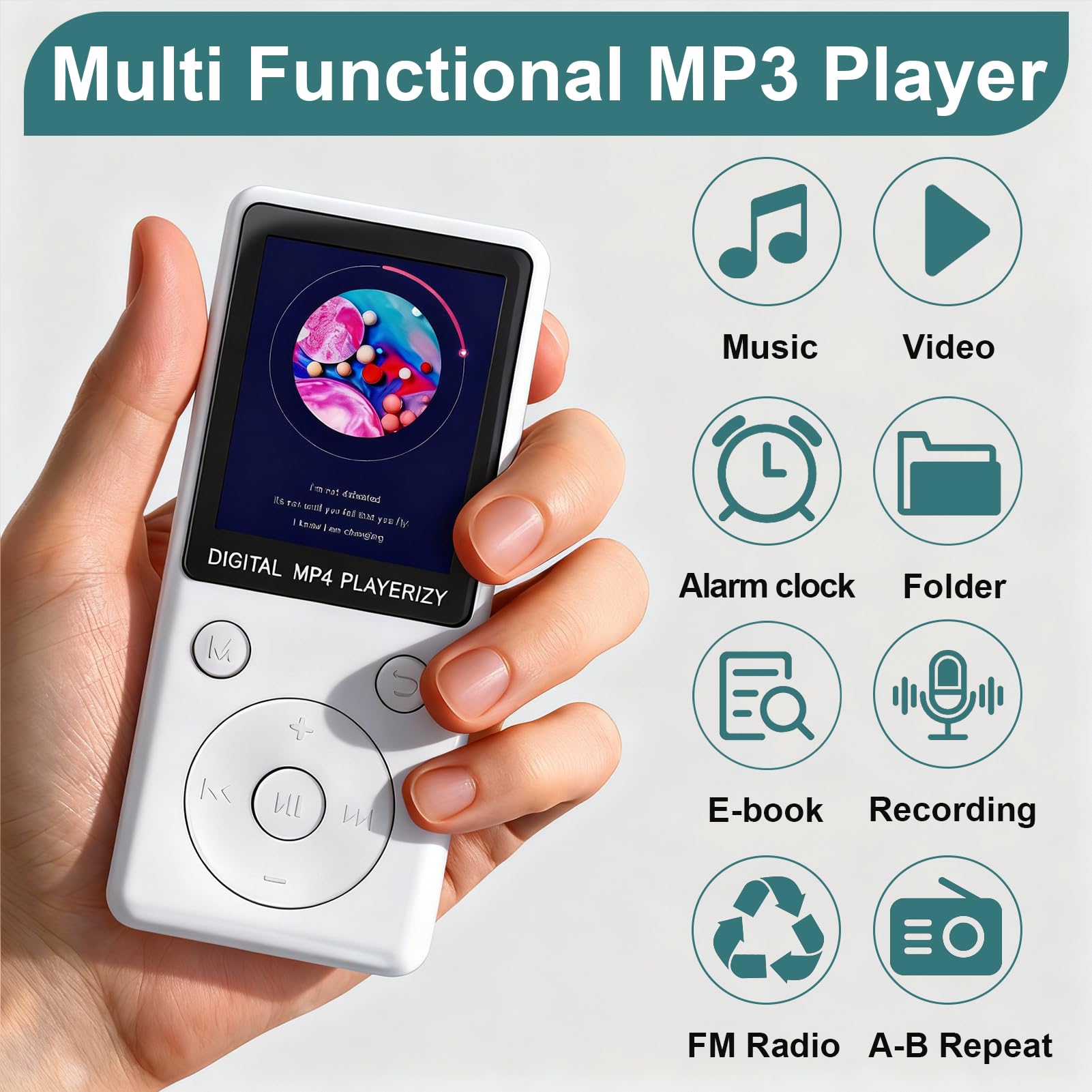 MP3 Player mit Bluetooth 5.2, 32GB Speicherkarte, 1,8 Zoll TFT Farbbildschirm, tragbarer Musikplayer mit Lautsprecher, FM Radio, Sprachaufnahme, E-Book, Video, Fotobetrachter, für Sport