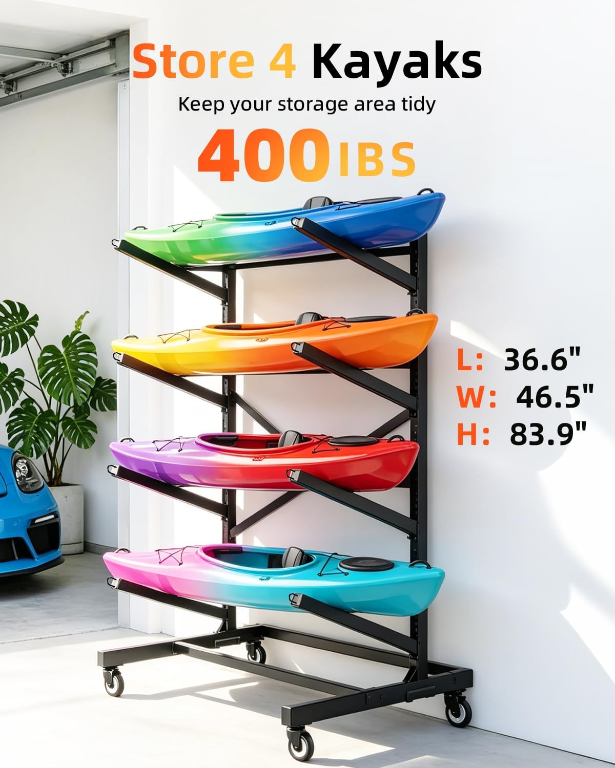2/4-Tier Double-Sided Kayak Storage Rack with Wheels, Heavy Duty Freestanding Canoe Stand for 2～8 Kayaks, 600lbs Capacity, Adjustable Arms, Indoor Outdoor Garage