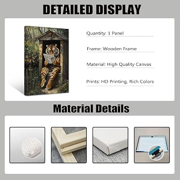 PBXBJY Tiger Canvas Wall Art Wild Animal Pictures Tiger Reading Newspaper in Outdoor Toilet Print Wildlife Painting Poster Farmhouse Cabin Bathroom Decor Framed (12.00 x 18.00)