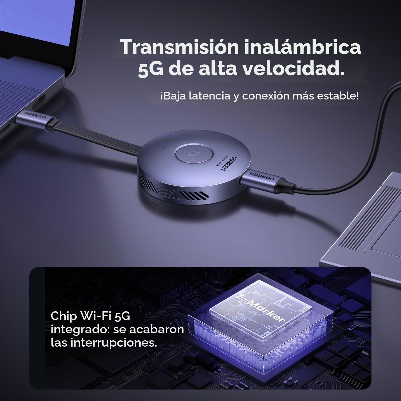 UGREEN Transmisor y Receptor HDMI Inalámbrico USB C TX HDMI Magnético 1080P | 1080P 60Hz 50M Plug Play 5G Transmisor PD 30W Compatible con iPhone 17 Pro MAX Air 16 Macbook Air Pro iPad Monitor Televisión