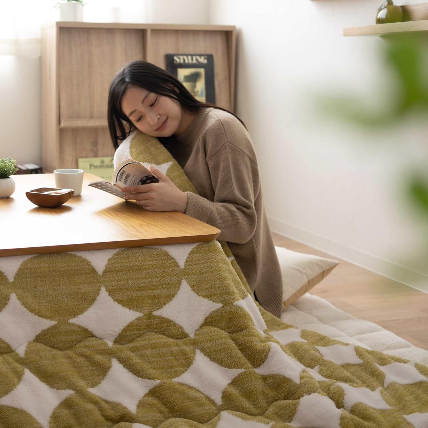 EMOOR Jacquard Boa Fleece Kotatsu Futon Comforter, Soft & Fluff Touch Blanket Throw, Washable, Rectangle 75x91in, Circle-Green