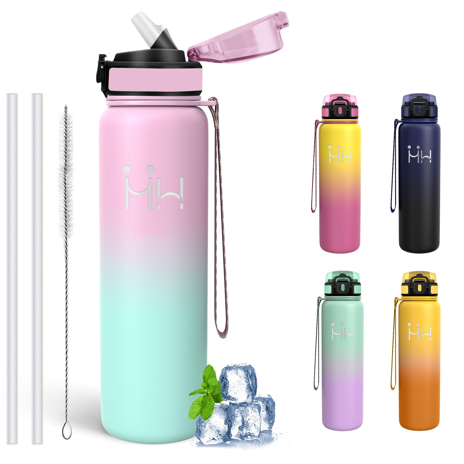 Mujigaga Stainless Steel Water Bottle, 1 Litre, BPA-Free, Water Bottle with Straw, Leak-Proof, Double-Walled Vacuum Insulated, Water Bottle for School, Hiking, Fitness, Camping, Triathlon