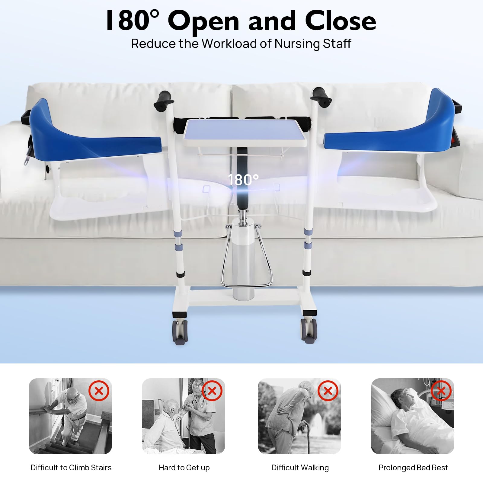Silla Elevadora Hidráulica de Transferencia para Pacientes que Pueden Mantenerse Sentados, Altura Ajustable 42-60 cm, Carga 100 kg, Respaldo 180°, Ruedas con Freno, Ducha e Inodoro, Azul