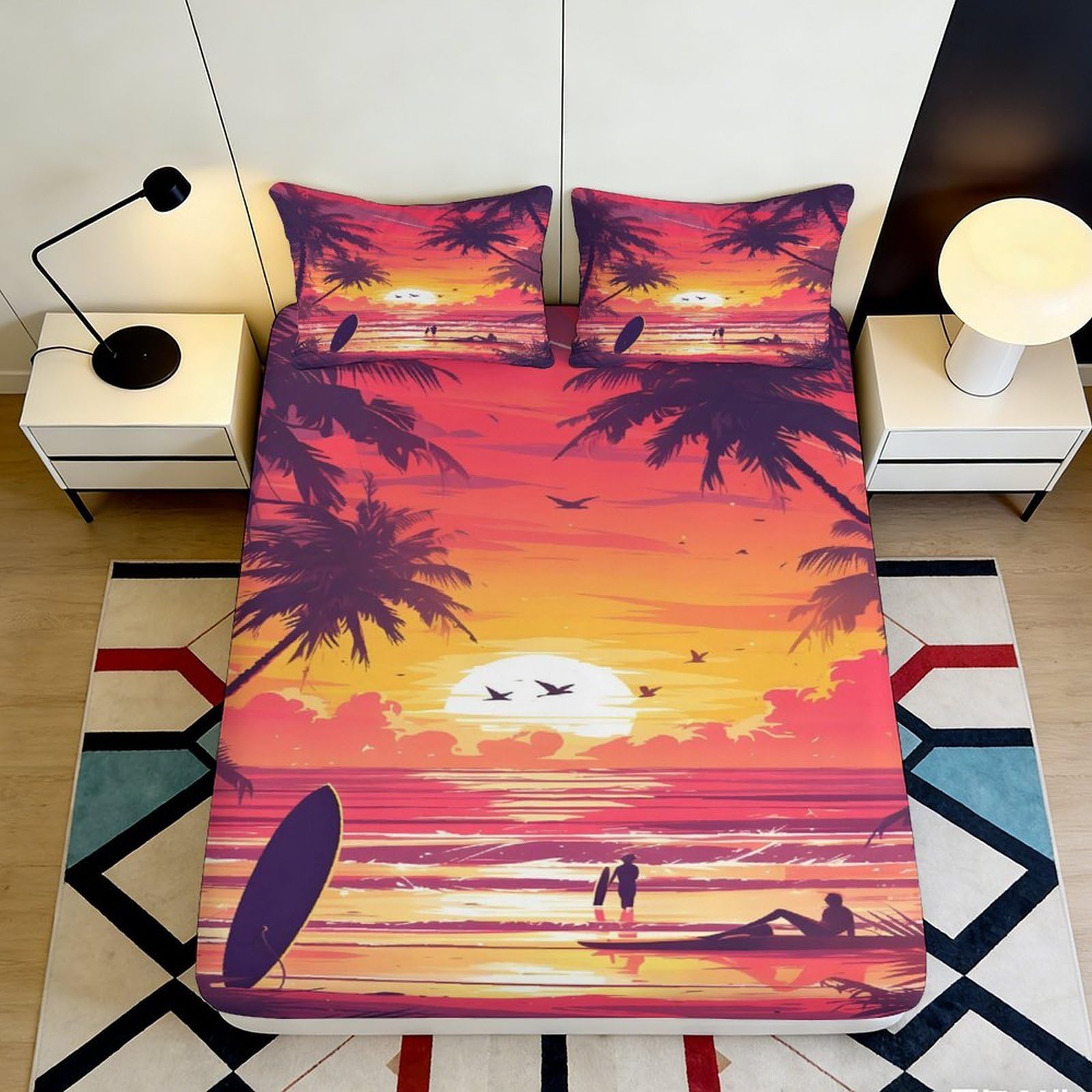 Jqzkxnhpbr Style-4 3D Printed Sunset Beach Fitted Sheet Microfiber Soft Orange Palm Tree Bed Cover For Bedroom Guestroom Decor Protection 90X200x25cm