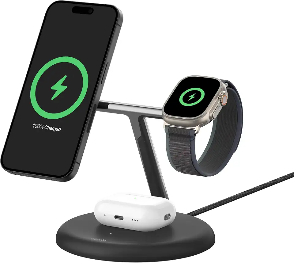 Belkin BoostCharge Pro 3-in-1 Wireless Charging Stand with Magnetic Qi2 15W, Fast Charging iPhone Charger Compatible with iPhone 15, 14, and 13 Series, AirPods, Apple Watch, & More - Black