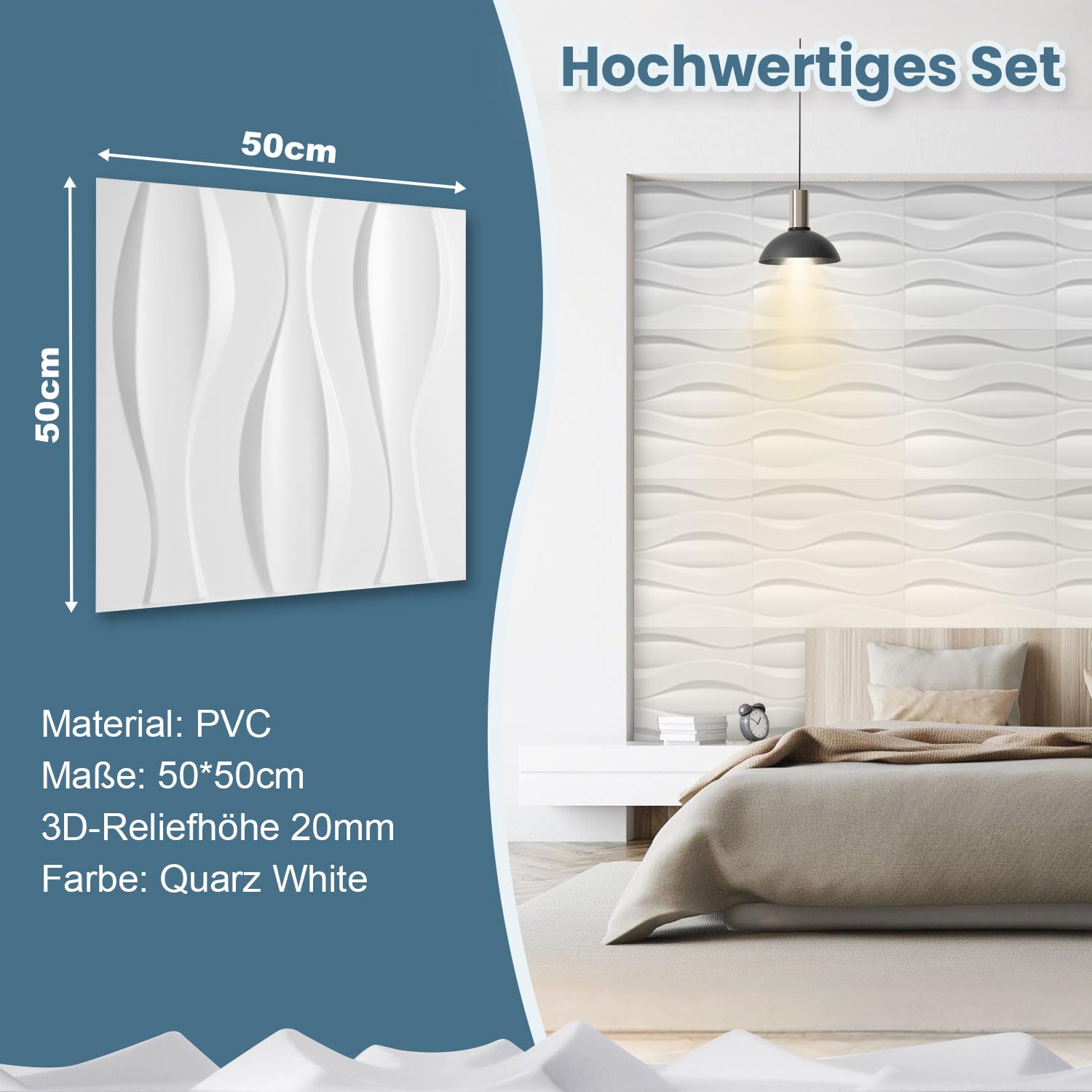Pannelli da parete 3D, 48 pezzi, 50 x 50 cm (12 m²), 3D, aspetto moderno, pannelli decorativi da parete in PVC, resistenti all'acqua, al calore, bianco opaco