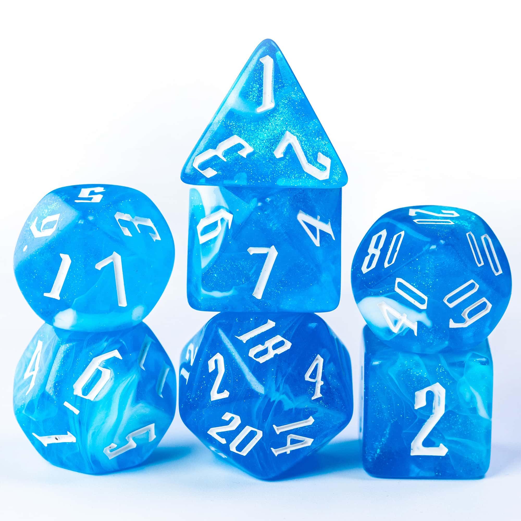 Cusdie 7Pcs/Set DND Dice Set D&D Polyhedral Dice for Dungeons and Dragons TTRPG Role Playing Dice Games RPGs (Blue White with Glitters)