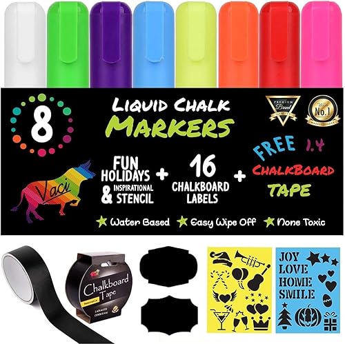 Vaci 8 marcadores de tiza líquida multicolor con cinta, plantillas y etiquetas, bolígrafos borrables, no tóxicos, a base de agua, punta reversible