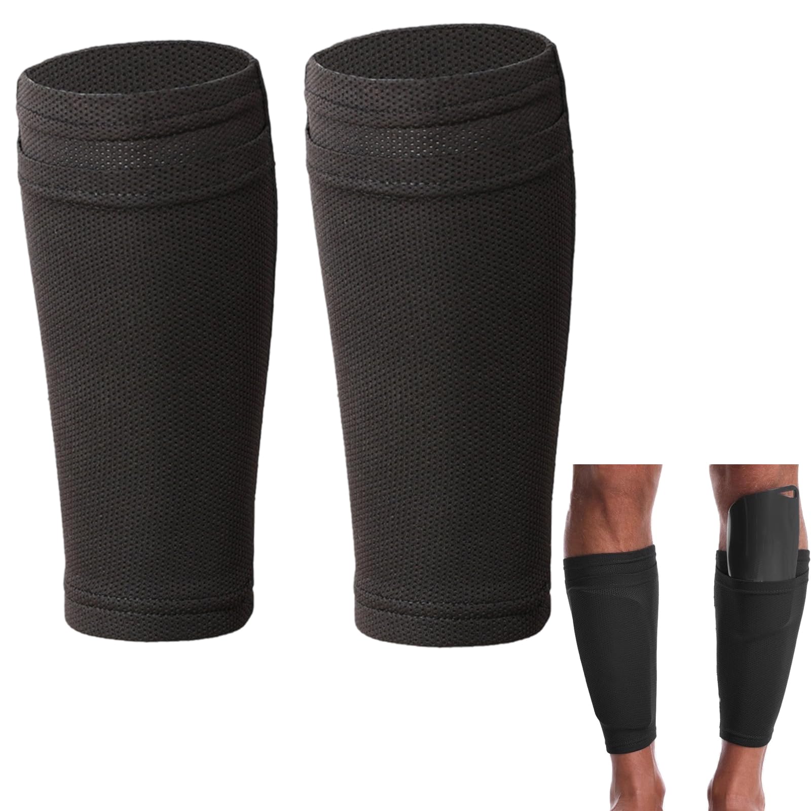 Football Shin Pad Sleeves,Double Layer Shin Pads with Mesh Breathable Design Shin,Holders Soccer Shin Guard Sleeves for Kids Teenagers Adults Beginners (Black)