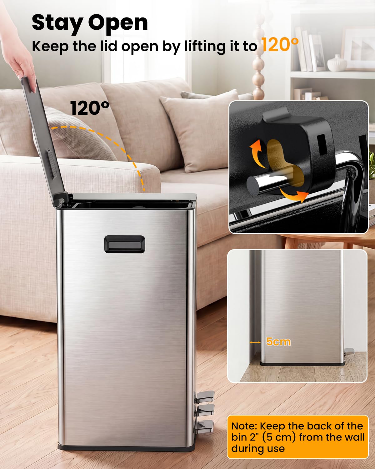 YEAUPE PRO Cubo de basura de cocina de 20 + 40 litros, cubo de basura de 3 compartimentos para reciclaje y residuos, tapas de cierre suave, pedales, cubos interiores, cubo de basura con pedal de acero