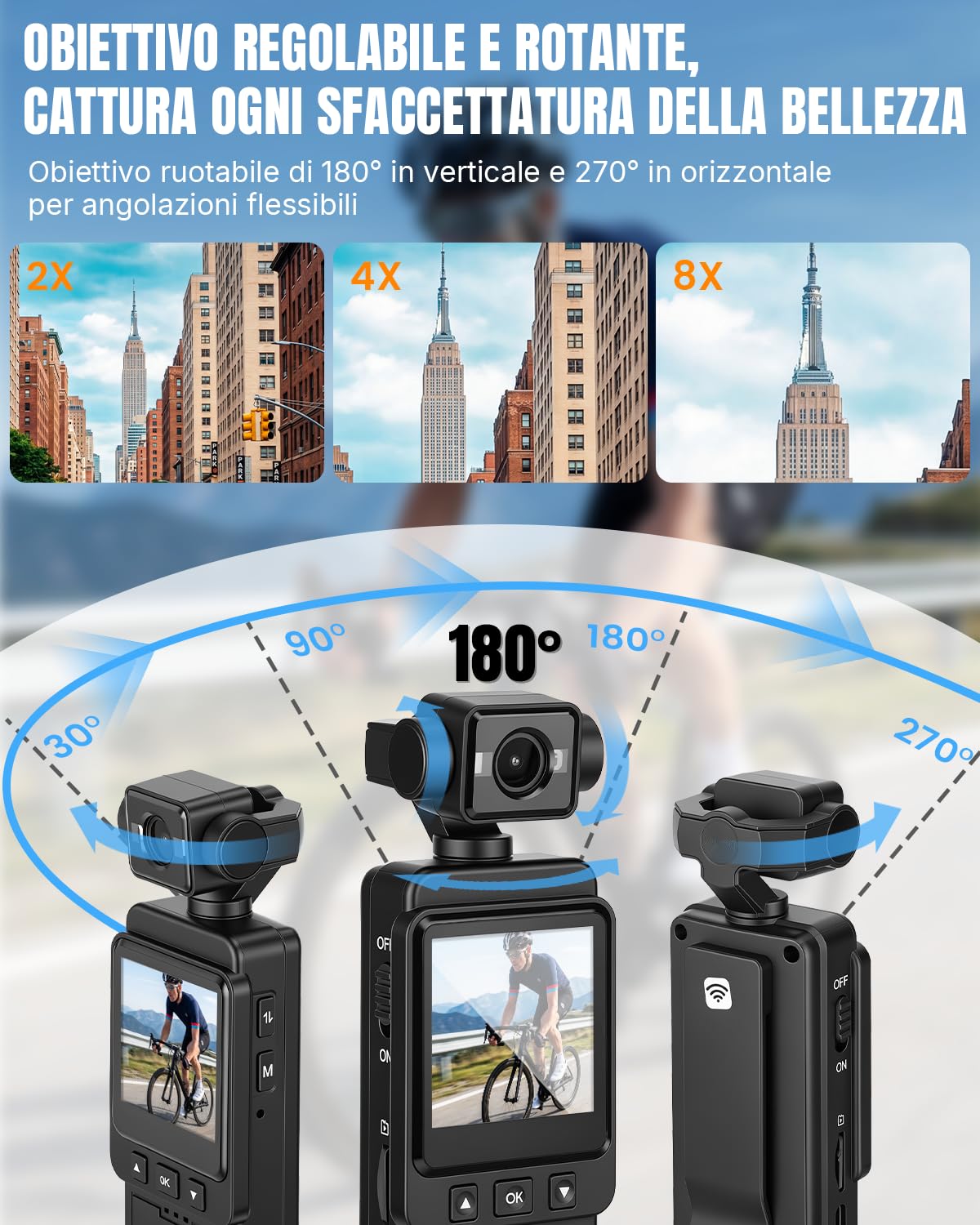 Mini Bodycam 4K, WiFi Fotocamera per Vlog, Videocamera Sportiva, Action Cam Portatile POV Telecamera Lente con Rotazione di 270°, per Fotografia, Youtube, Viaggi