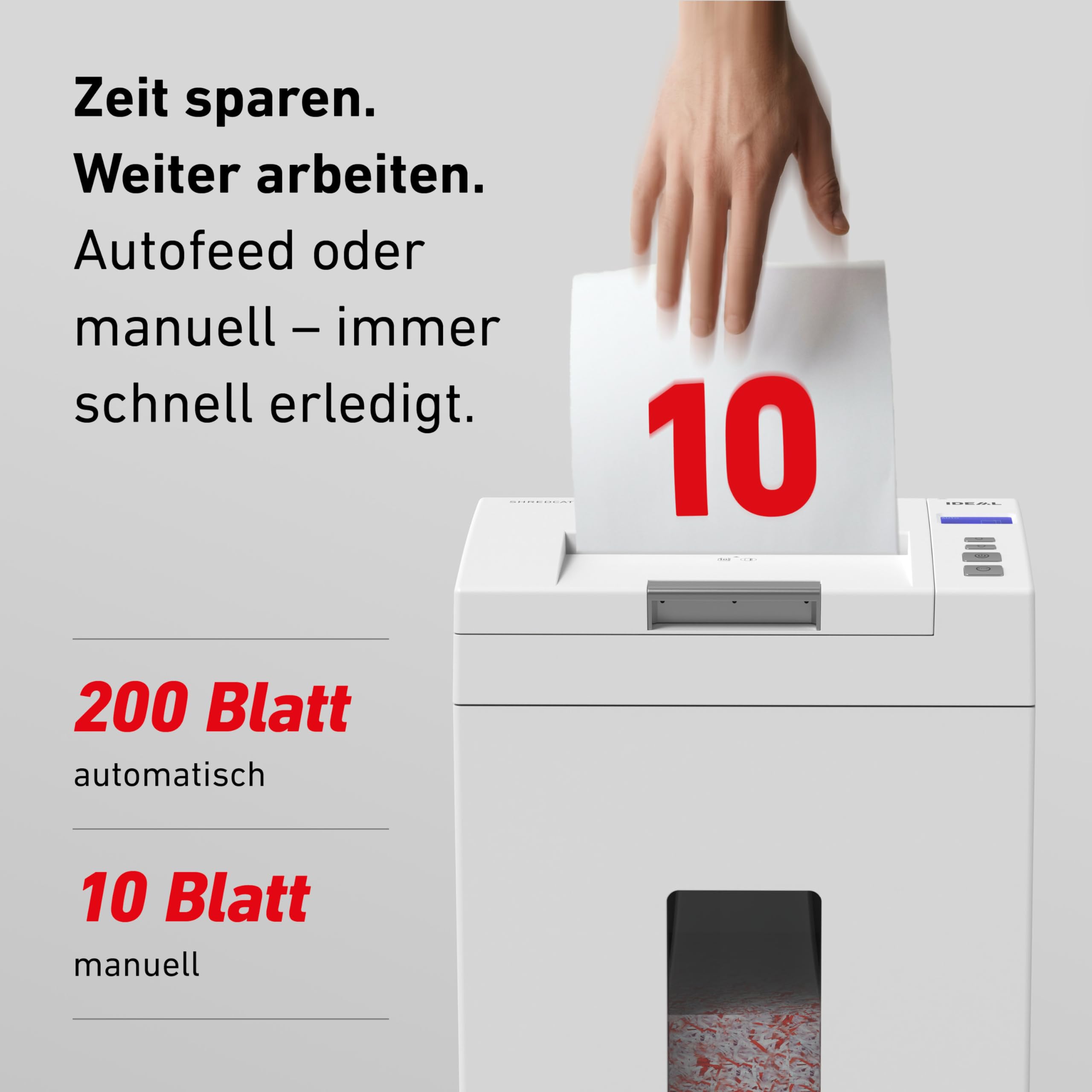 Autofeed Aktenvernichter IDEAL Shredcat 8292, 200 Blatt Papierstapel mit automatischem Einzug schreddern, 10 Blatt manuell, Partikelschnitt P4, leiser Betrieb – spart Zeit im Büro, Verwaltung, Schulen