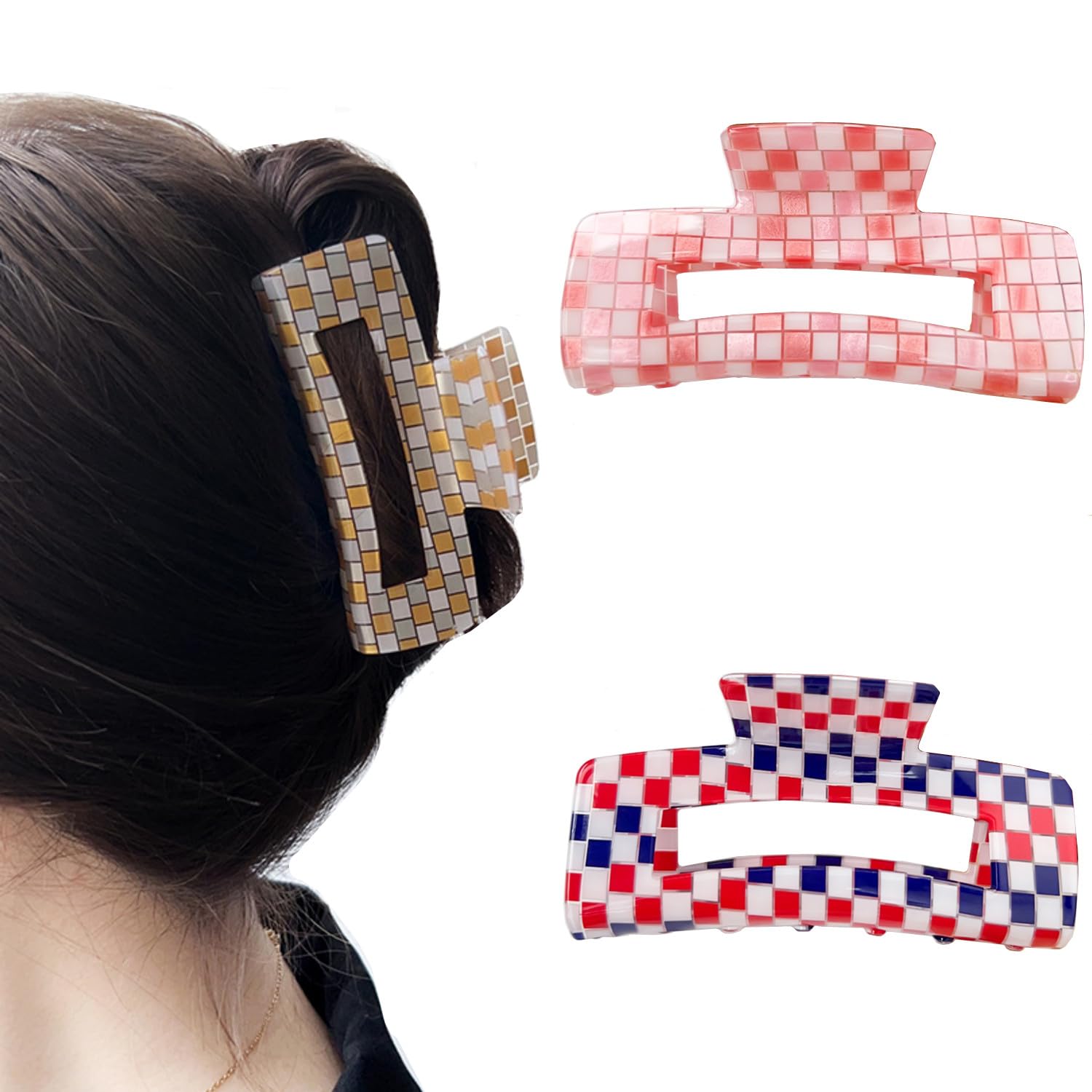 Pinzas de pelo a cuadros para mujeres y niñas, pinzas grandes de moda de 4 pulgadas para peinar, pinzas de garra para el cabello grueso, retro, forma rectangular (paquete de 3)