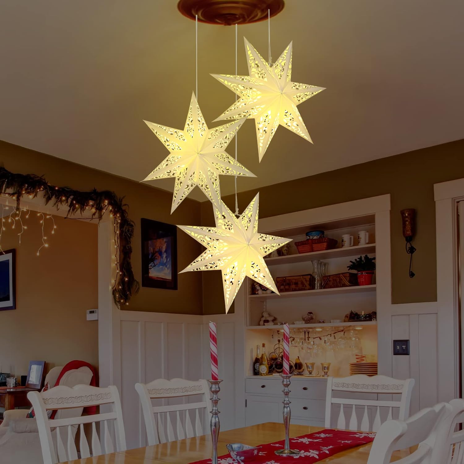3 Pcs Christmas 20 Inch Paper Star Shaped Lantern Decorative 7 Point White Paper Lanterns with 6 Pcs Lights LED Hanging Hollow out Star Lampshade for Ceiling Indoor Outdoor Window Wedding Decorations