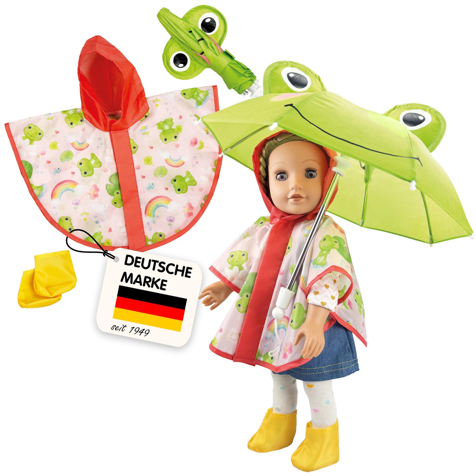 Heless 6721 Froschi Carlo Doll Rain Set with Umbrella, Rain Cape and Booties for Dolls Size 28-35 cm